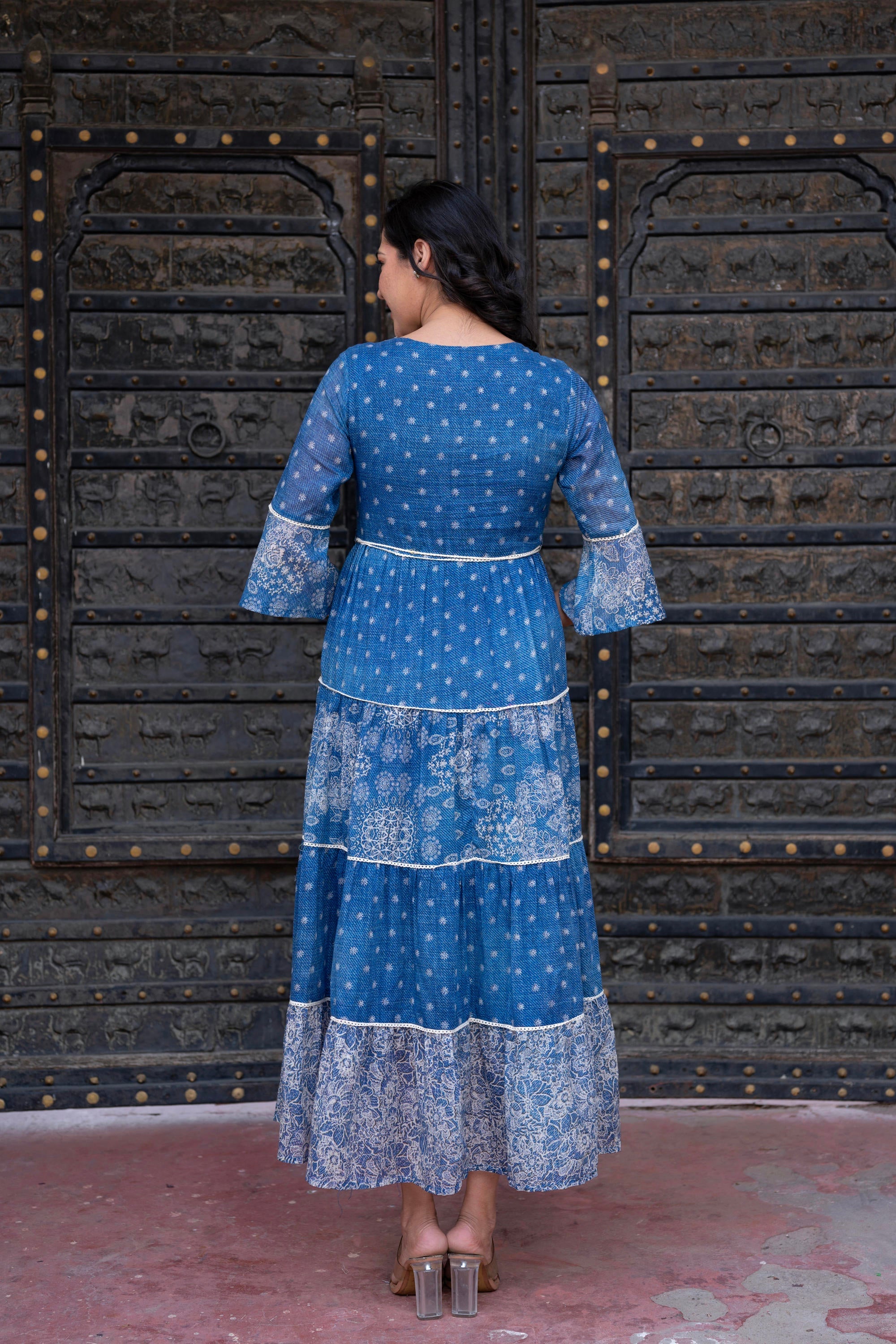 Blue Floral Printed Cotton Dress with Dori, Cotton Lace & Bead Work