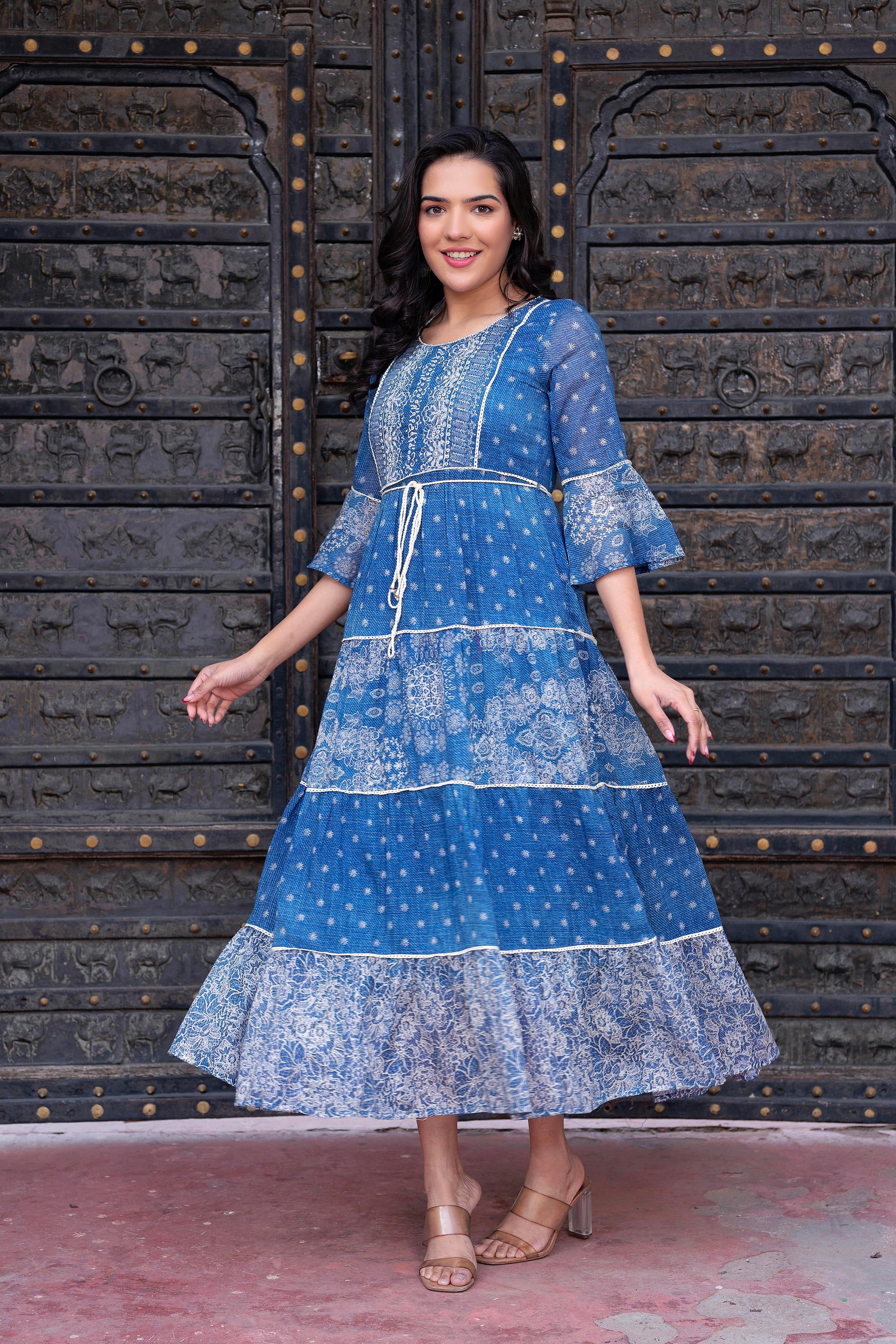 Blue Floral Printed Cotton Dress with Dori, Cotton Lace & Bead Work