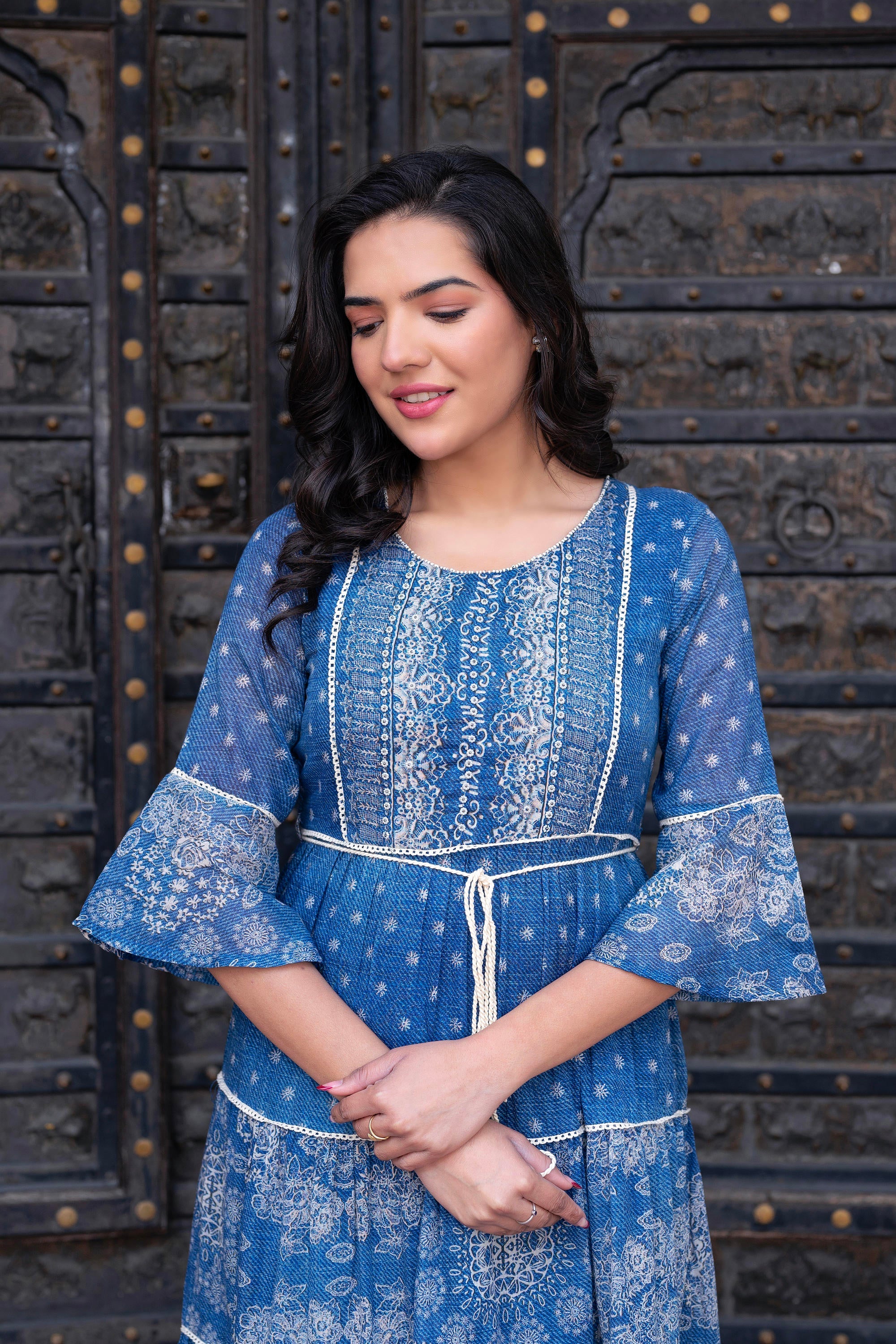 Blue Floral Printed Cotton Dress with Dori, Cotton Lace & Bead Work