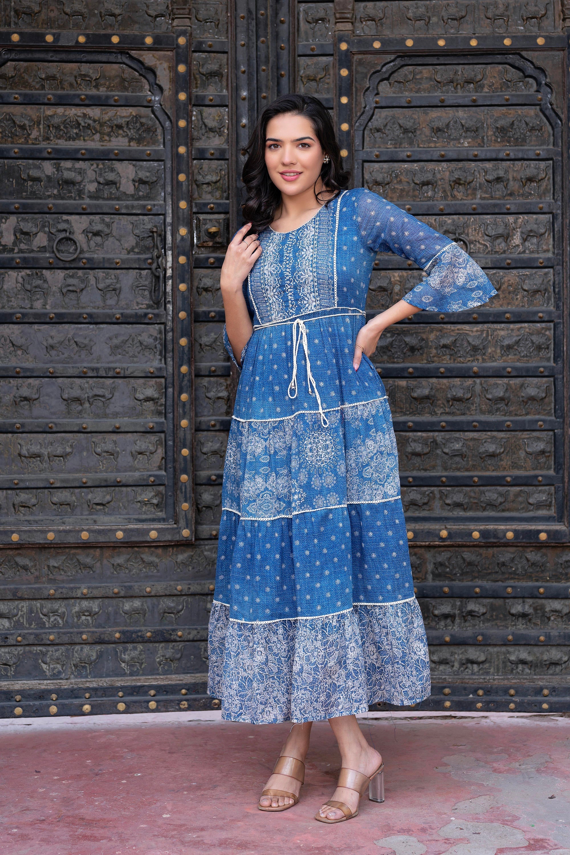 Blue Floral Printed Cotton Dress with Dori, Cotton Lace & Bead Work