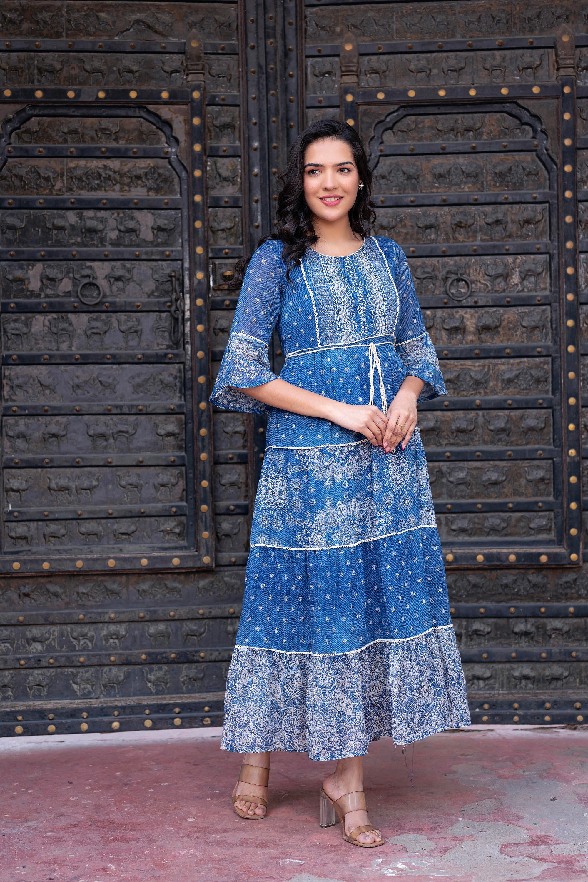 Blue Floral Printed Cotton Dress with Dori, Cotton Lace & Bead Work
