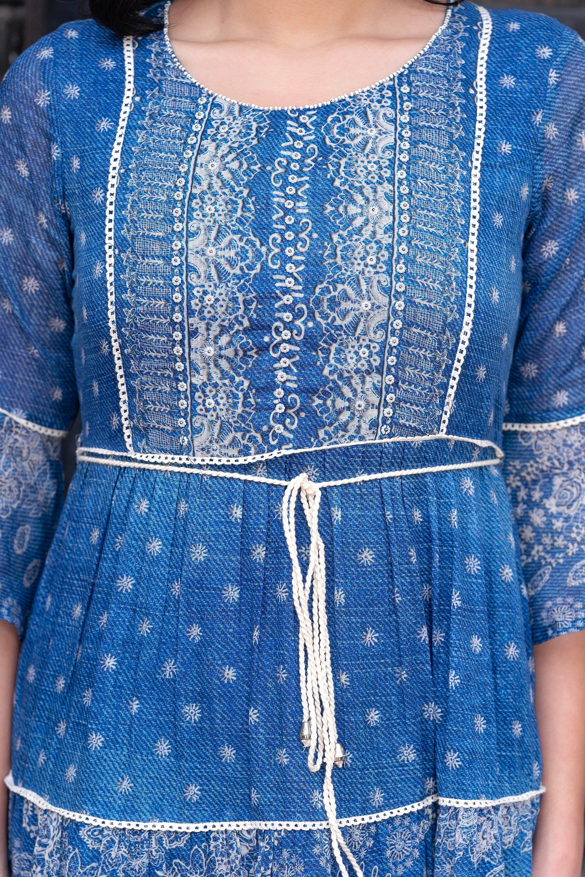 Blue Floral Printed Cotton Dress with Dori, Cotton Lace & Bead Work