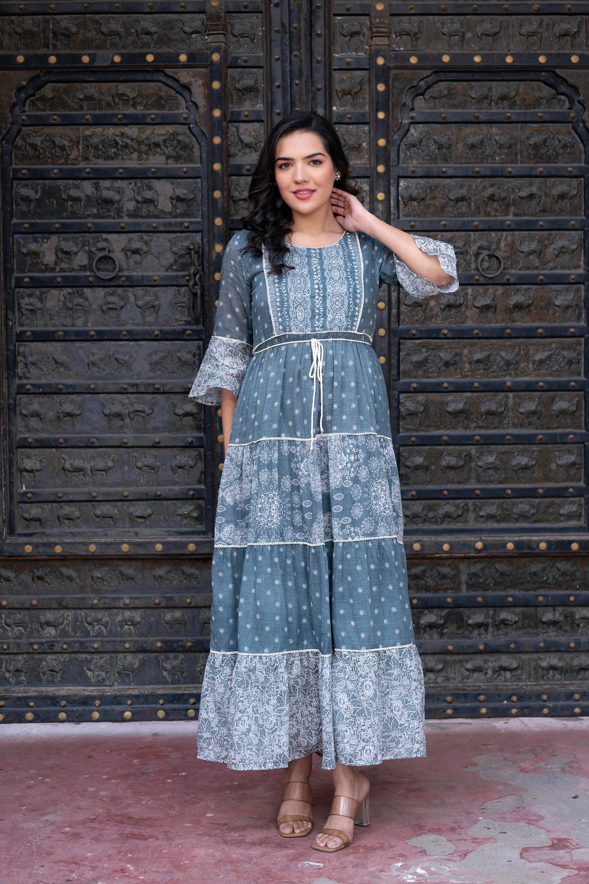 Grey Floral Printed Cotton Dress with Dori, Cotton Lace & Bead Work