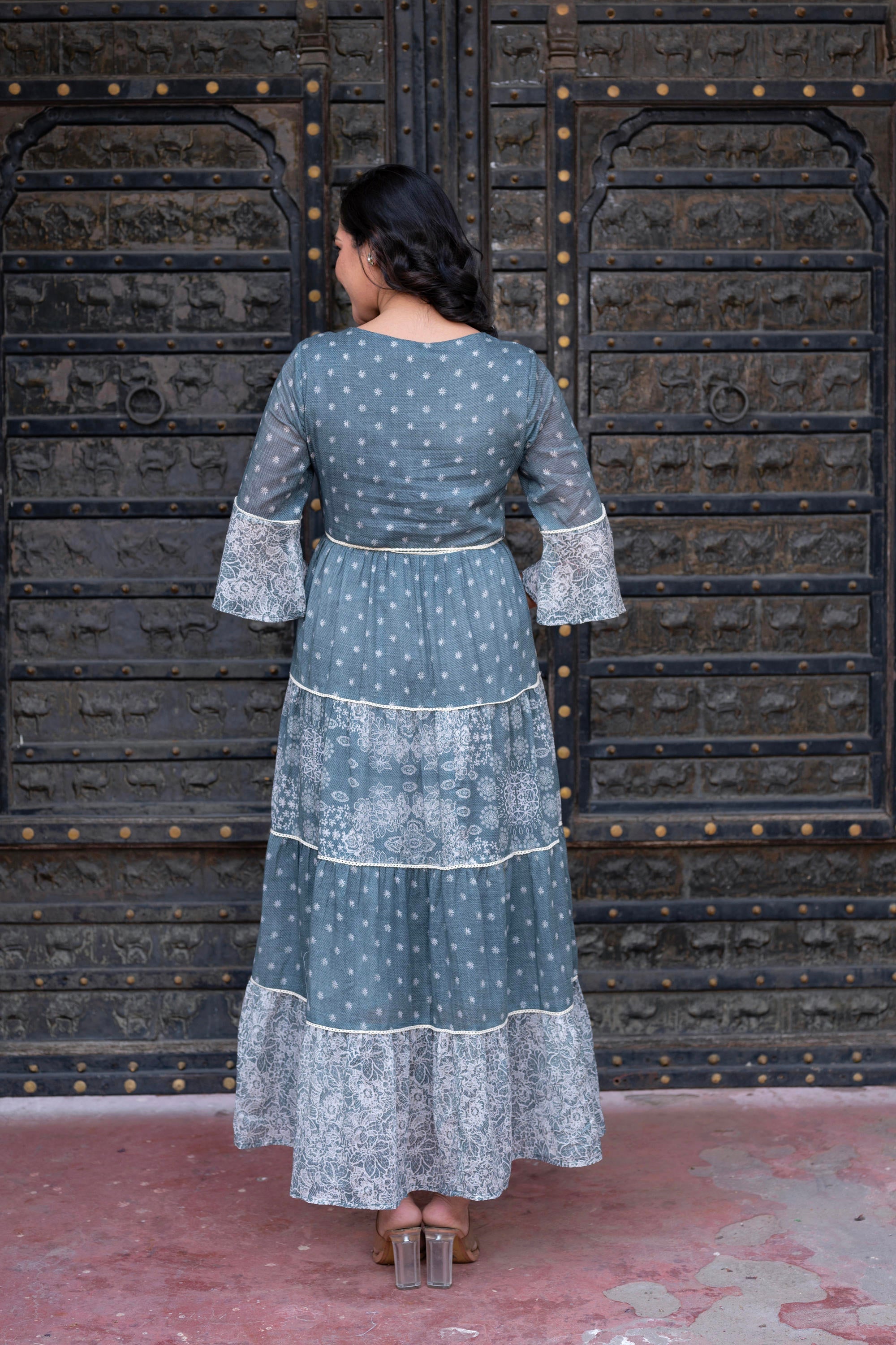 Grey Floral Printed Cotton Dress with Dori, Cotton Lace & Bead Work