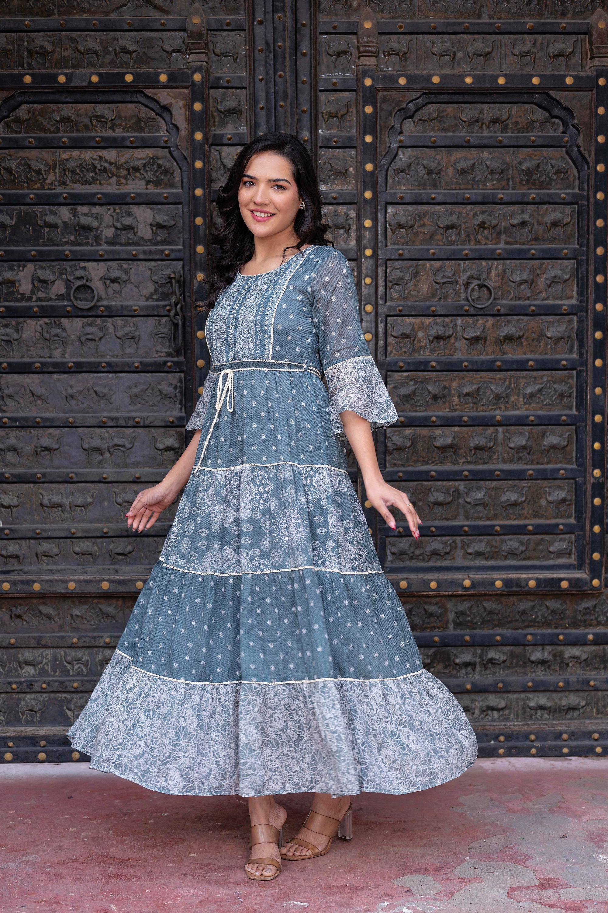 Grey Floral Printed Cotton Dress with Dori, Cotton Lace & Bead Work