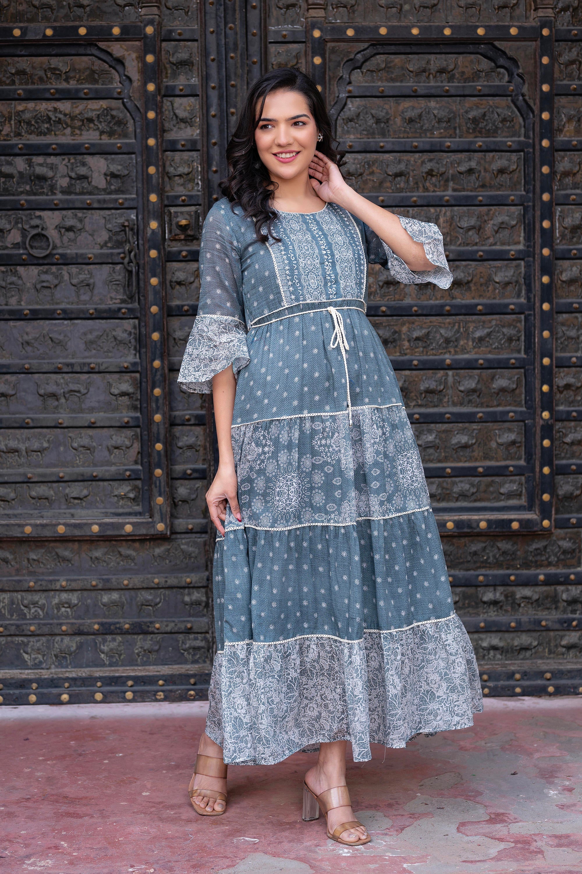 Grey Floral Printed Cotton Dress with Dori, Cotton Lace & Bead Work