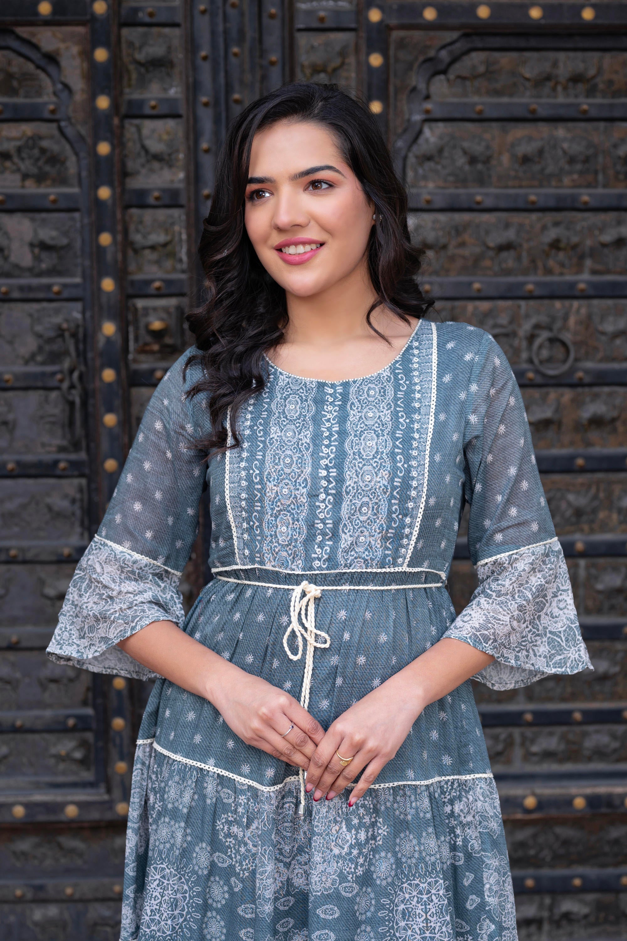Grey Floral Printed Cotton Dress with Dori, Cotton Lace & Bead Work