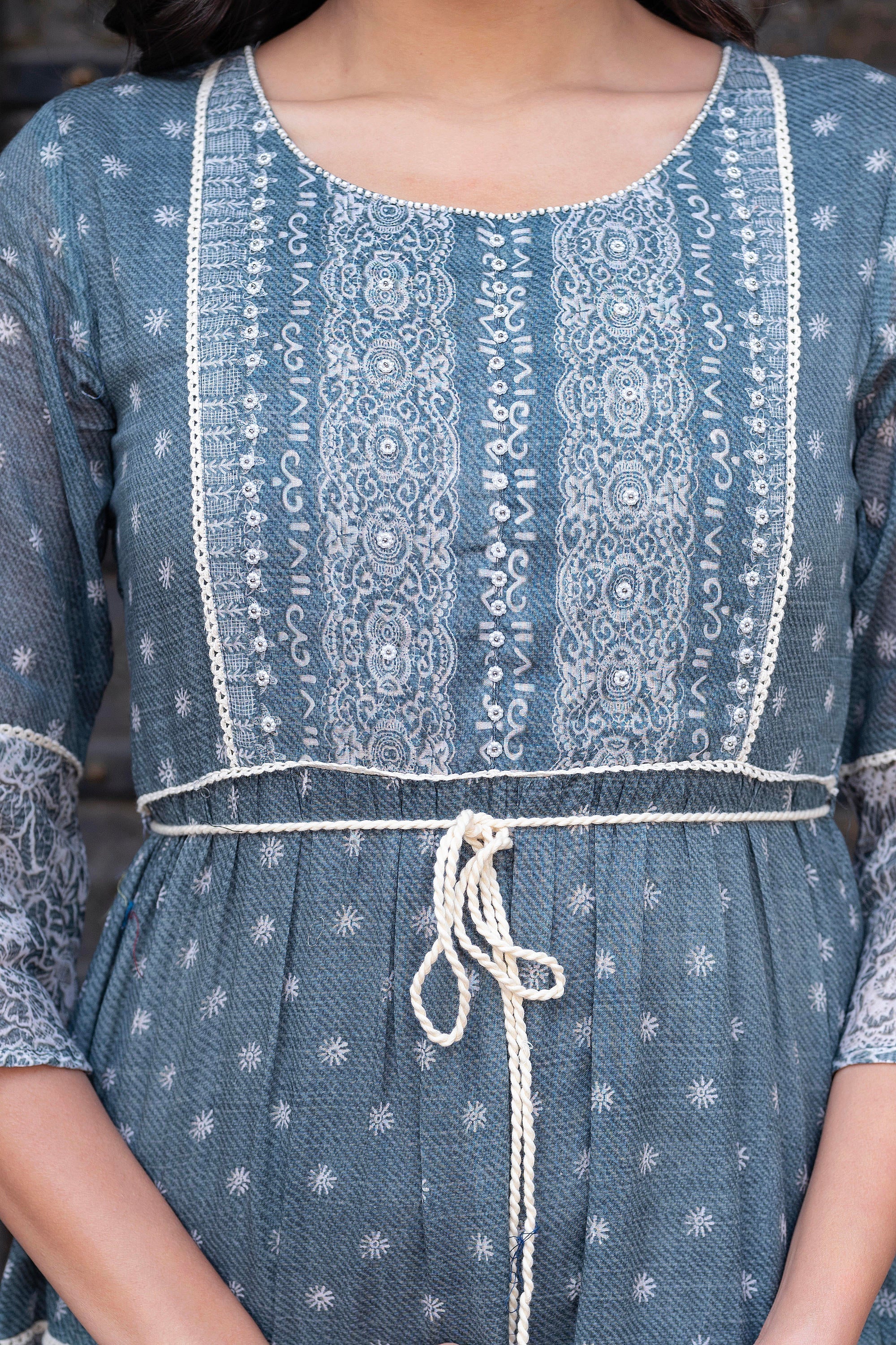Grey Floral Printed Cotton Dress with Dori, Cotton Lace & Bead Work
