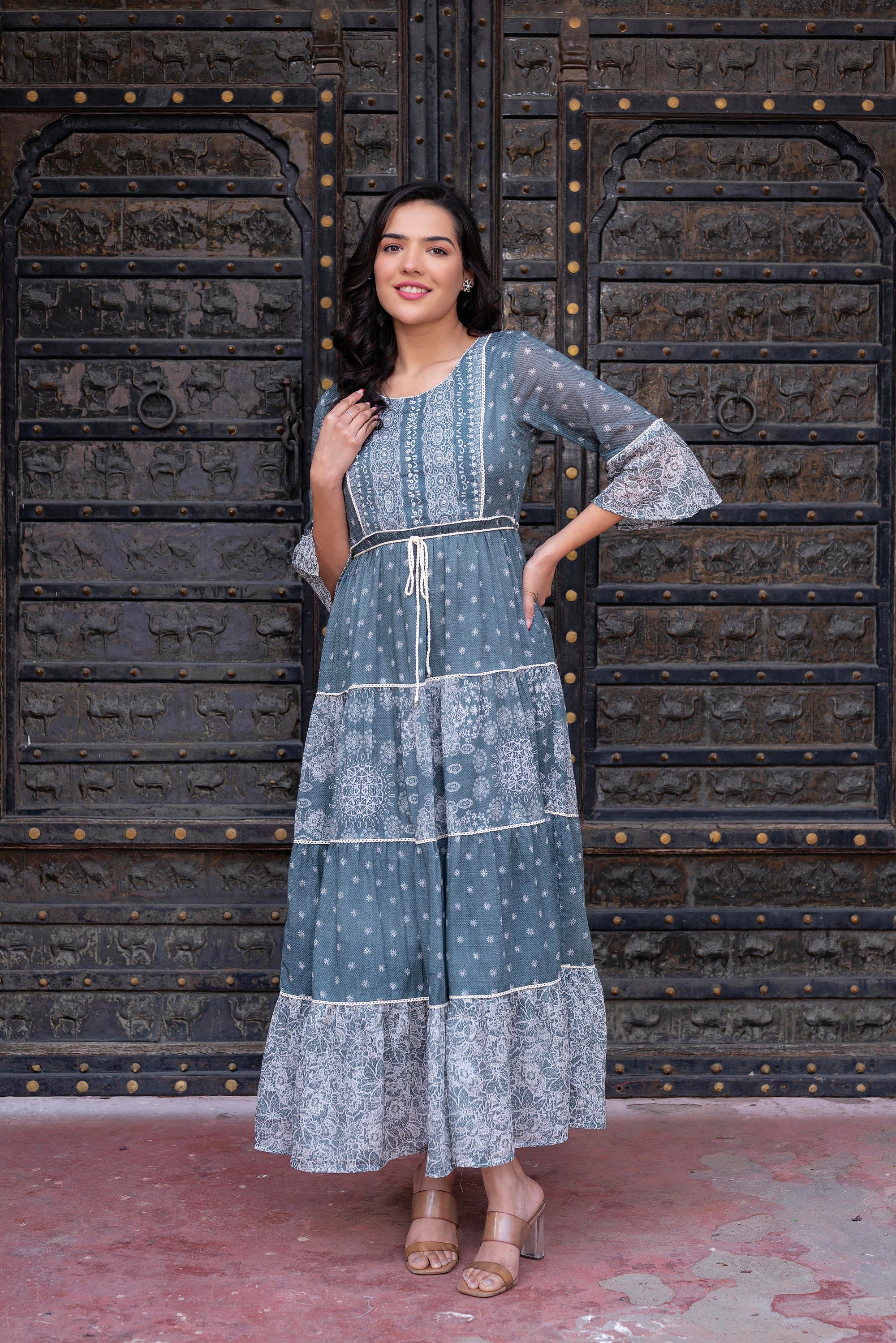Grey Floral Printed Cotton Dress with Dori, Cotton Lace & Bead Work