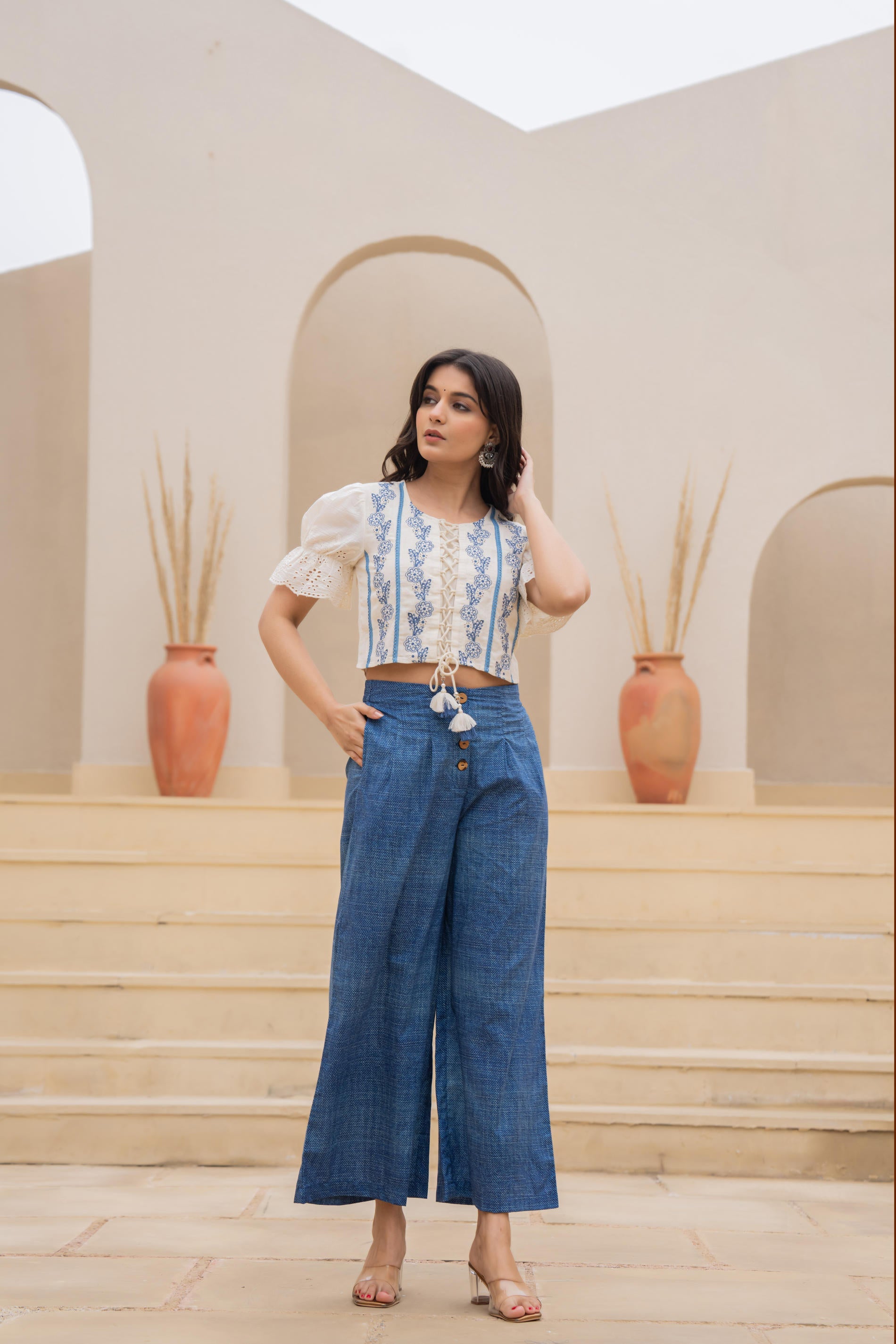White Embroidered Crop Top with Light Blue Wide-Leg Pants