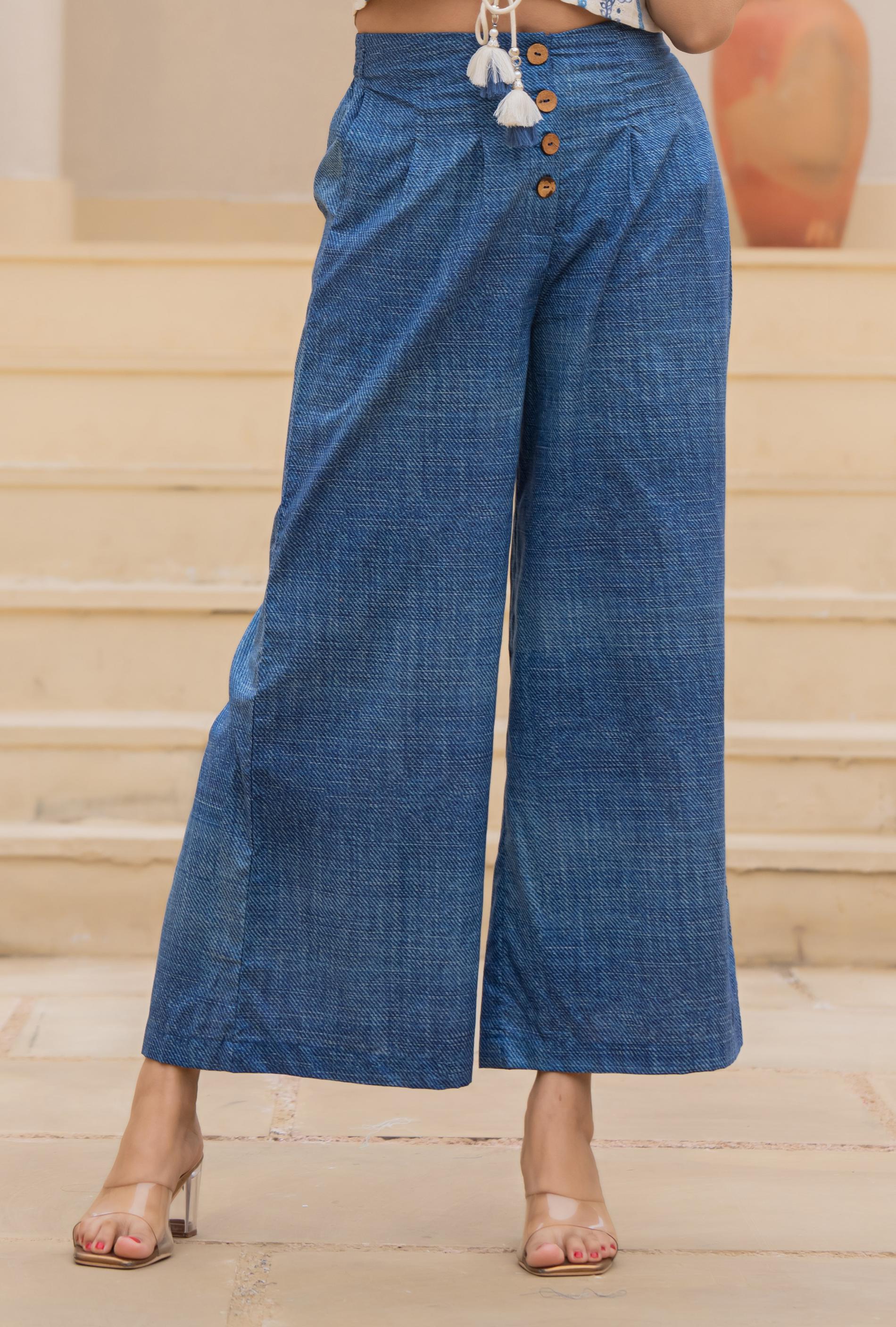 White Embroidered Crop Top with Light Blue Wide-Leg Pants