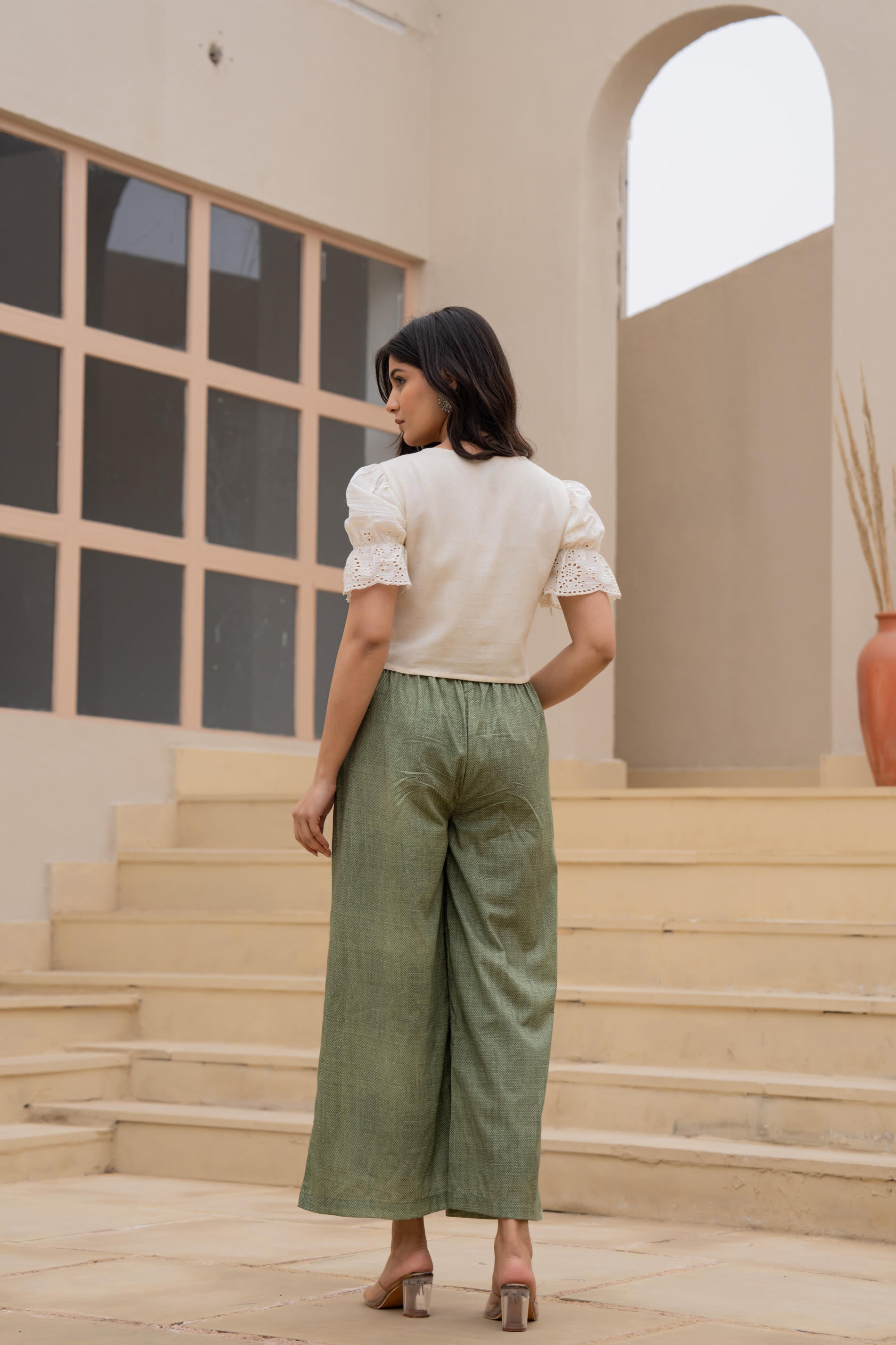 White Embroidered Crop Top with Light Green Wide-Leg Pants