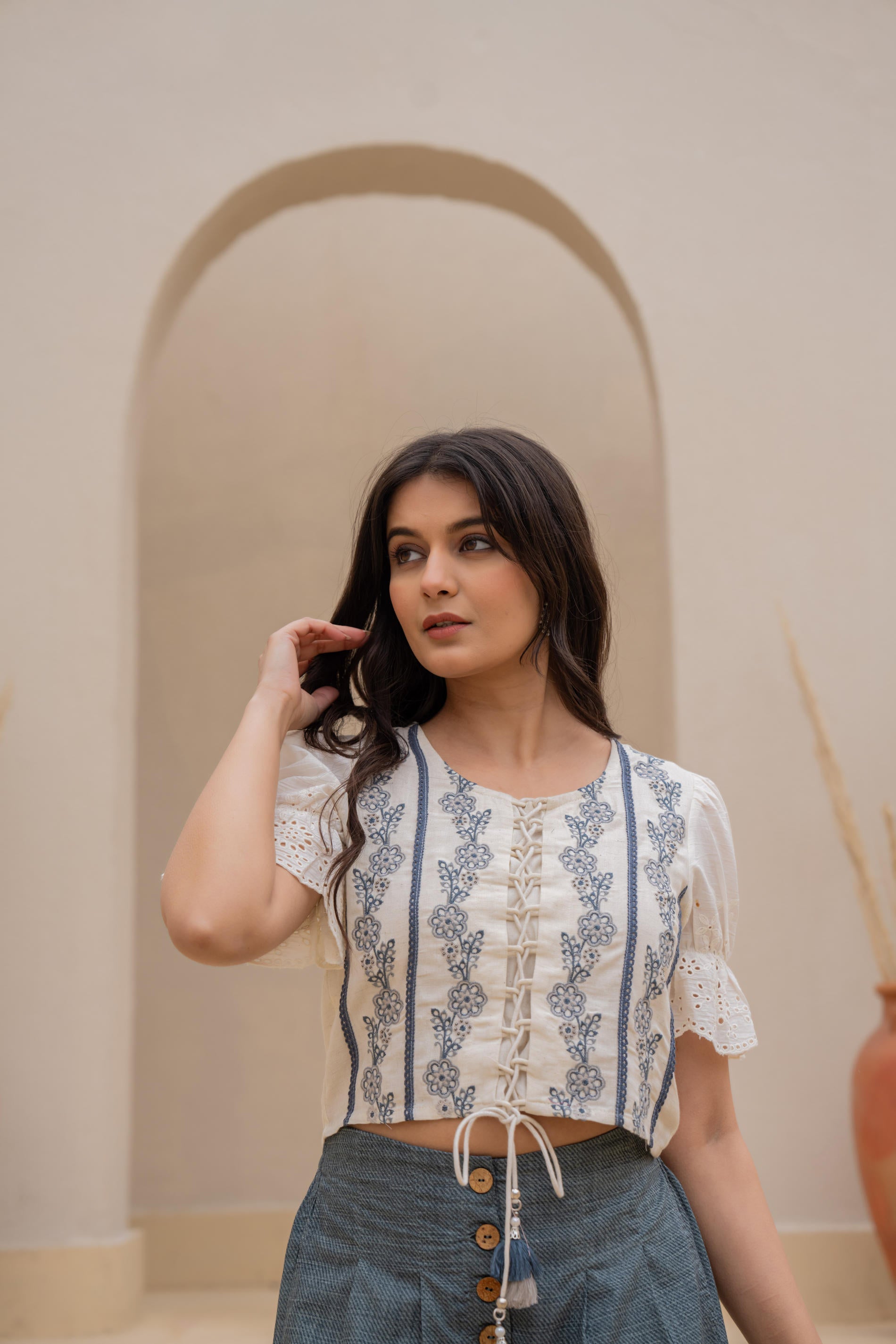 White Embroidered Crop Top with Grey Wide-Leg Pants