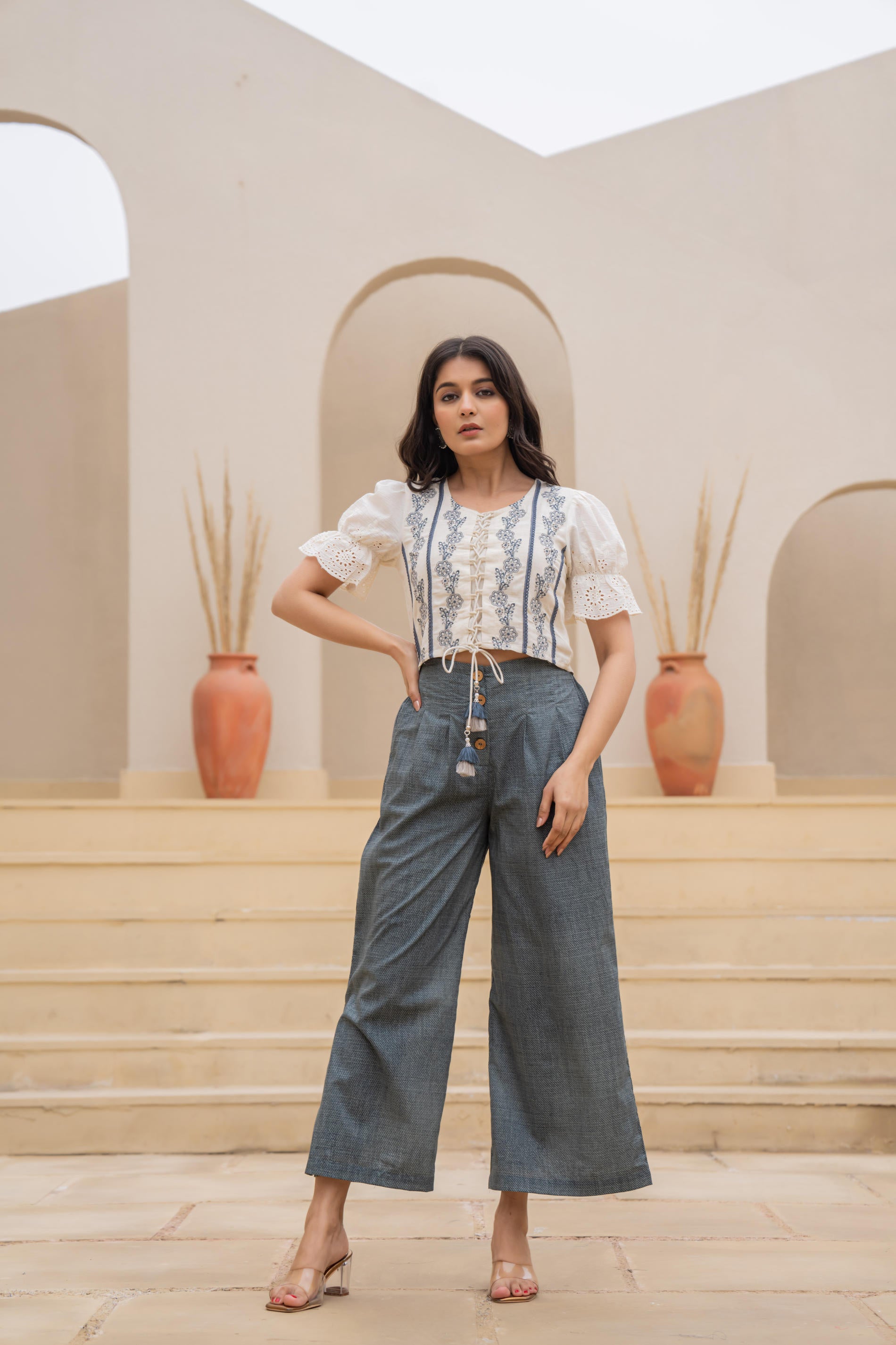 White Embroidered Crop Top with Grey Wide-Leg Pants
