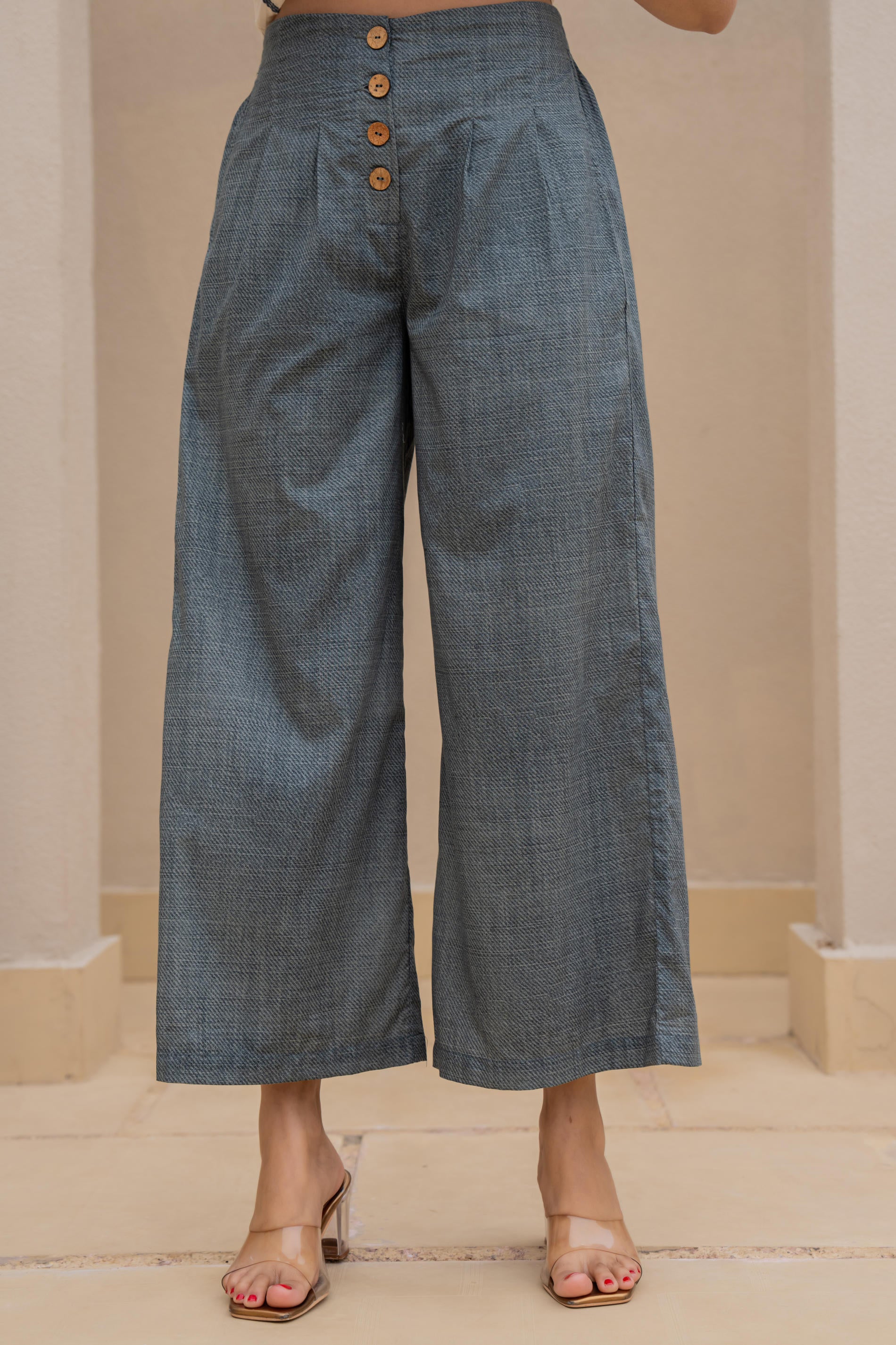 White Embroidered Crop Top with Grey Wide-Leg Pants