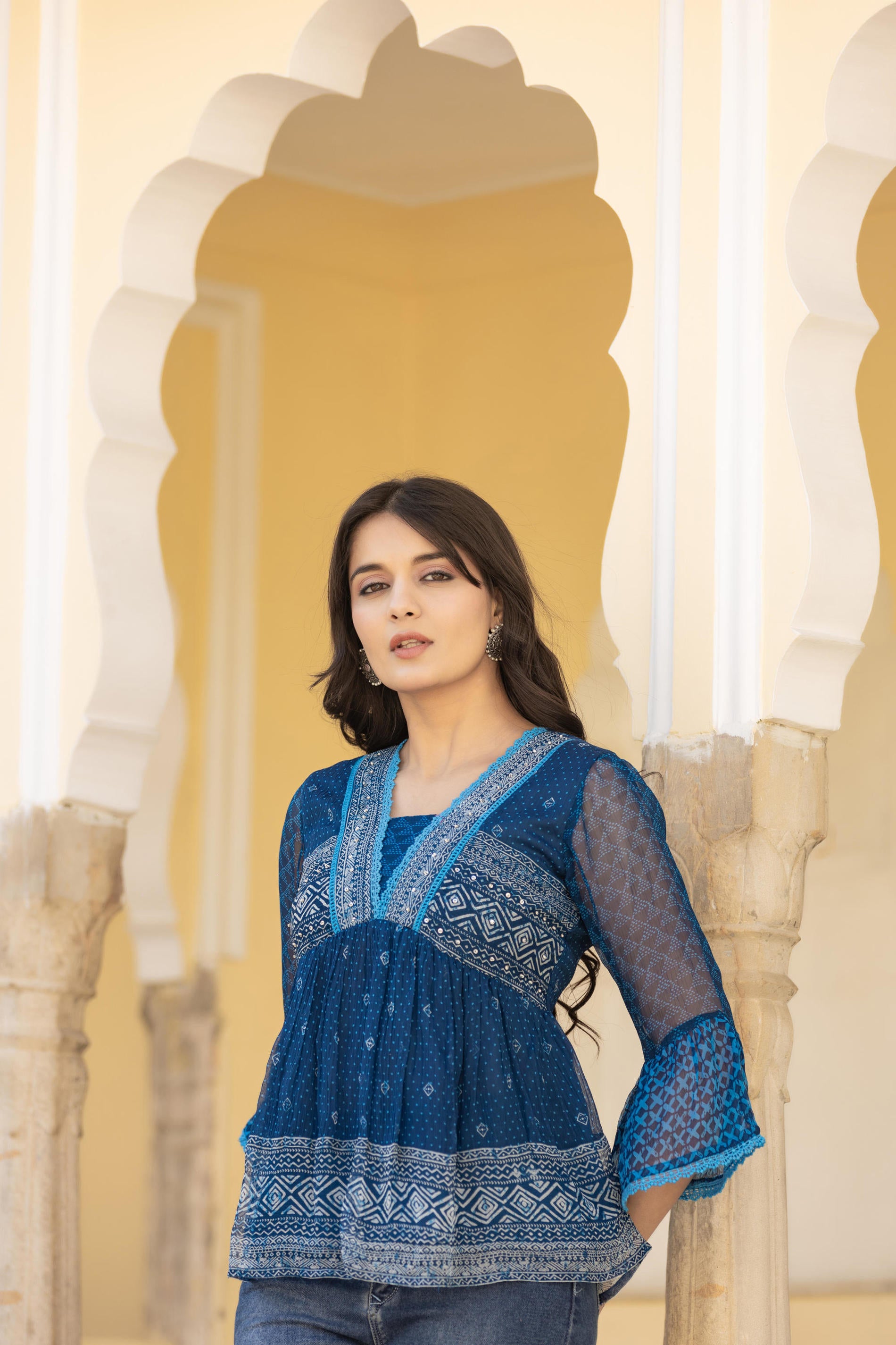 Indigo Blue Ethnic Motif Peplum Top with Sheer Sleeves