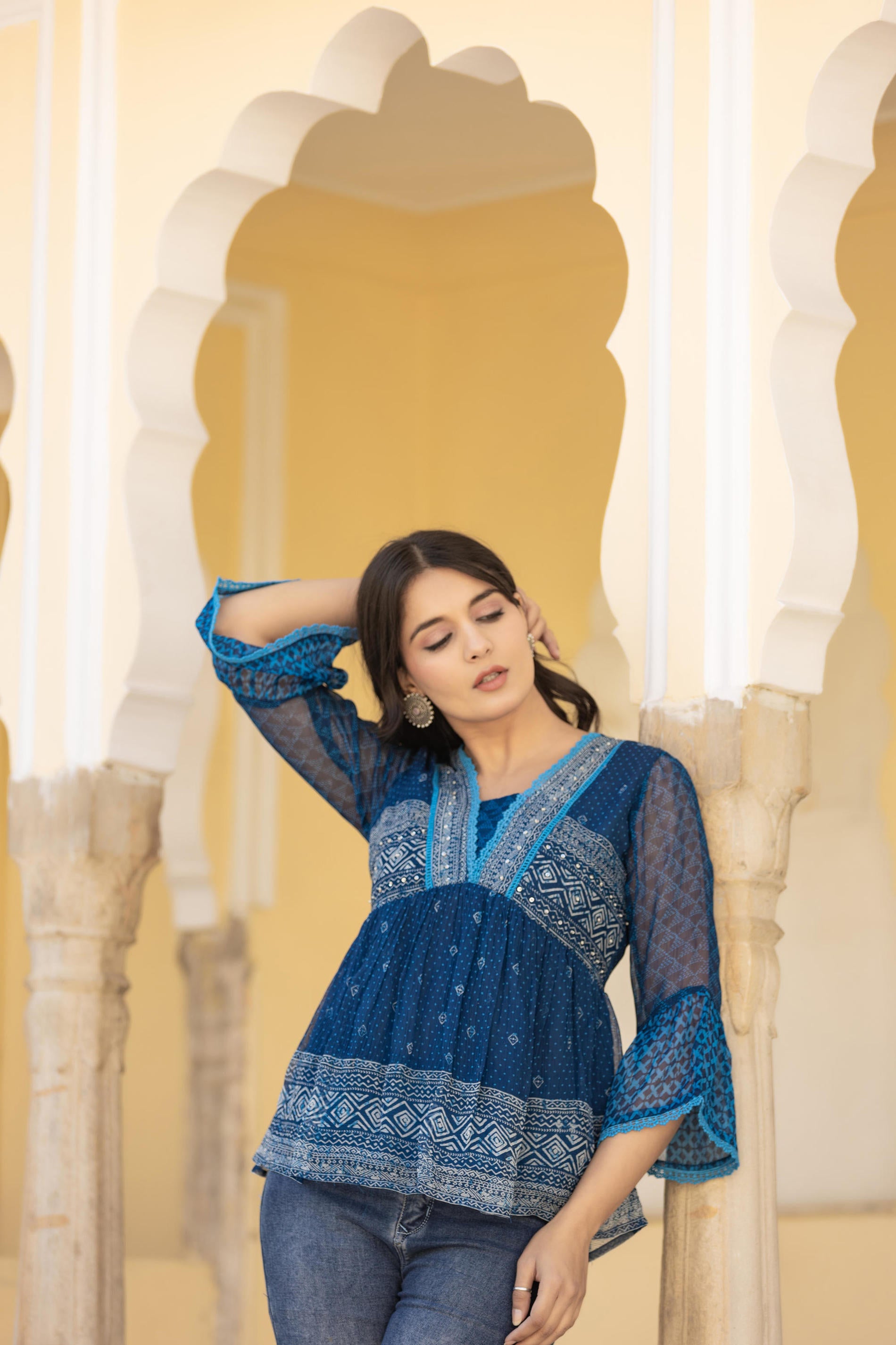 Indigo Blue Ethnic Motif Peplum Top with Sheer Sleeves