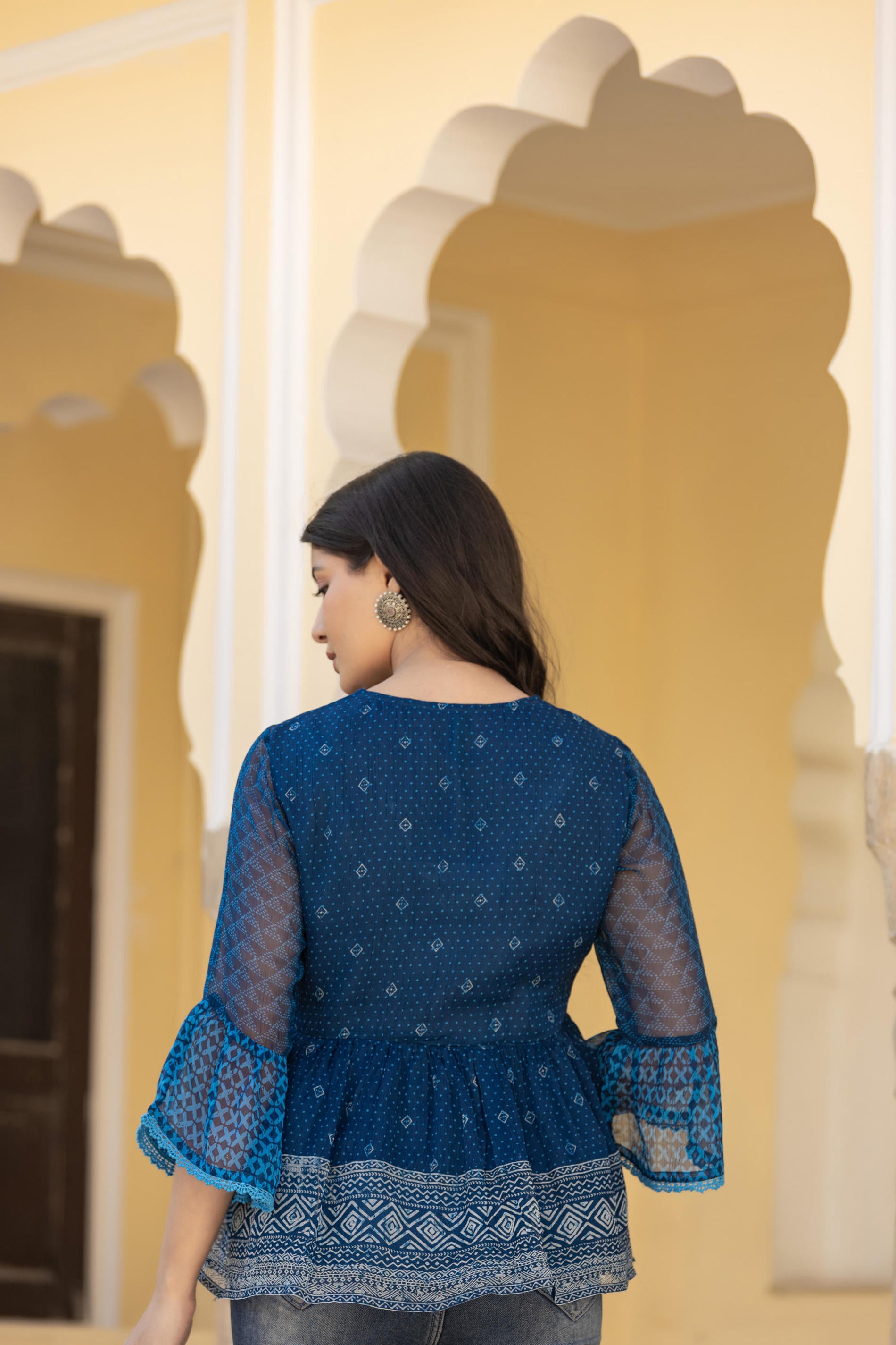 Indigo Blue Ethnic Motif Peplum Top with Sheer Sleeves