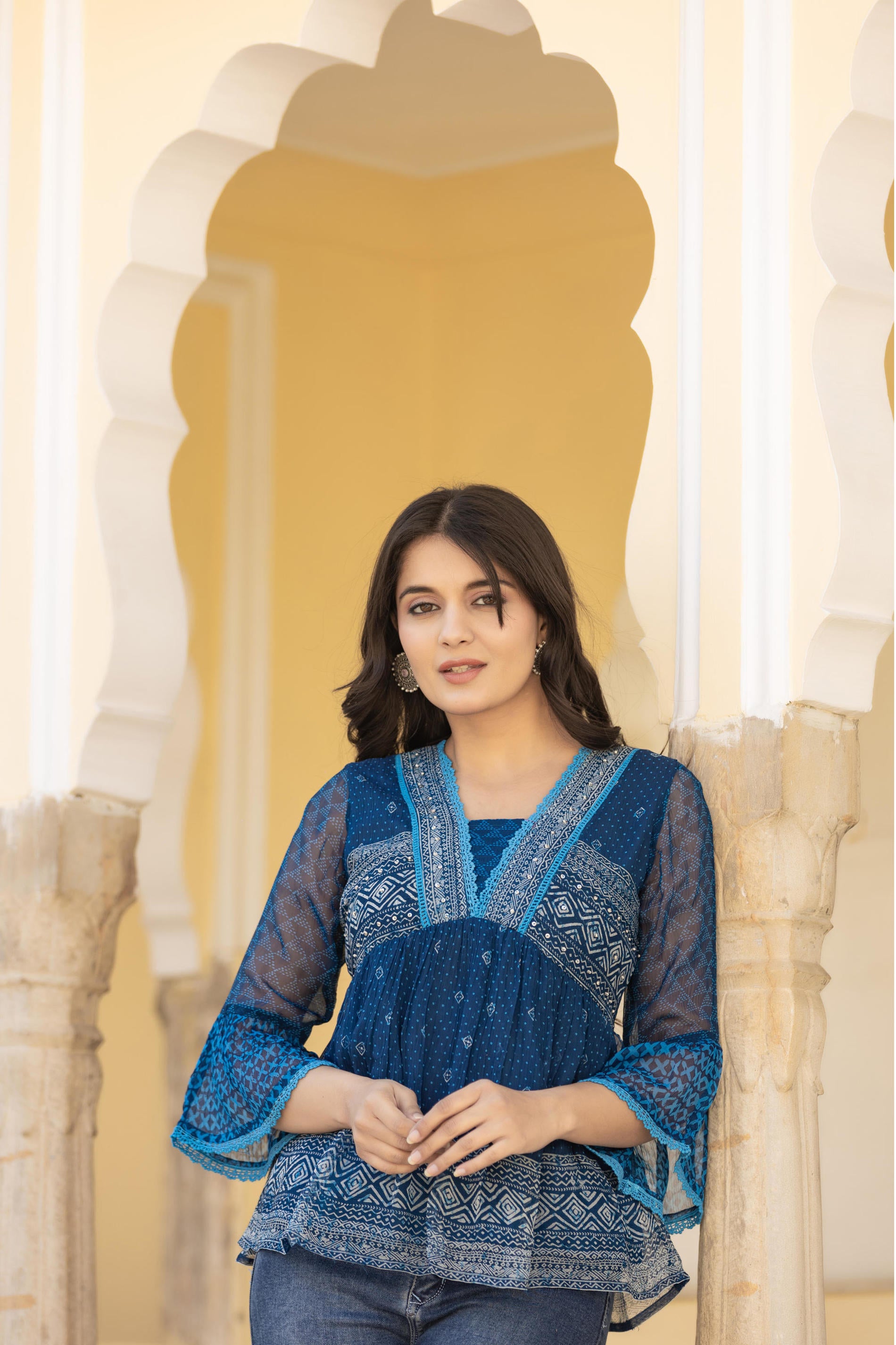 Indigo Blue Ethnic Motif Peplum Top with Sheer Sleeves