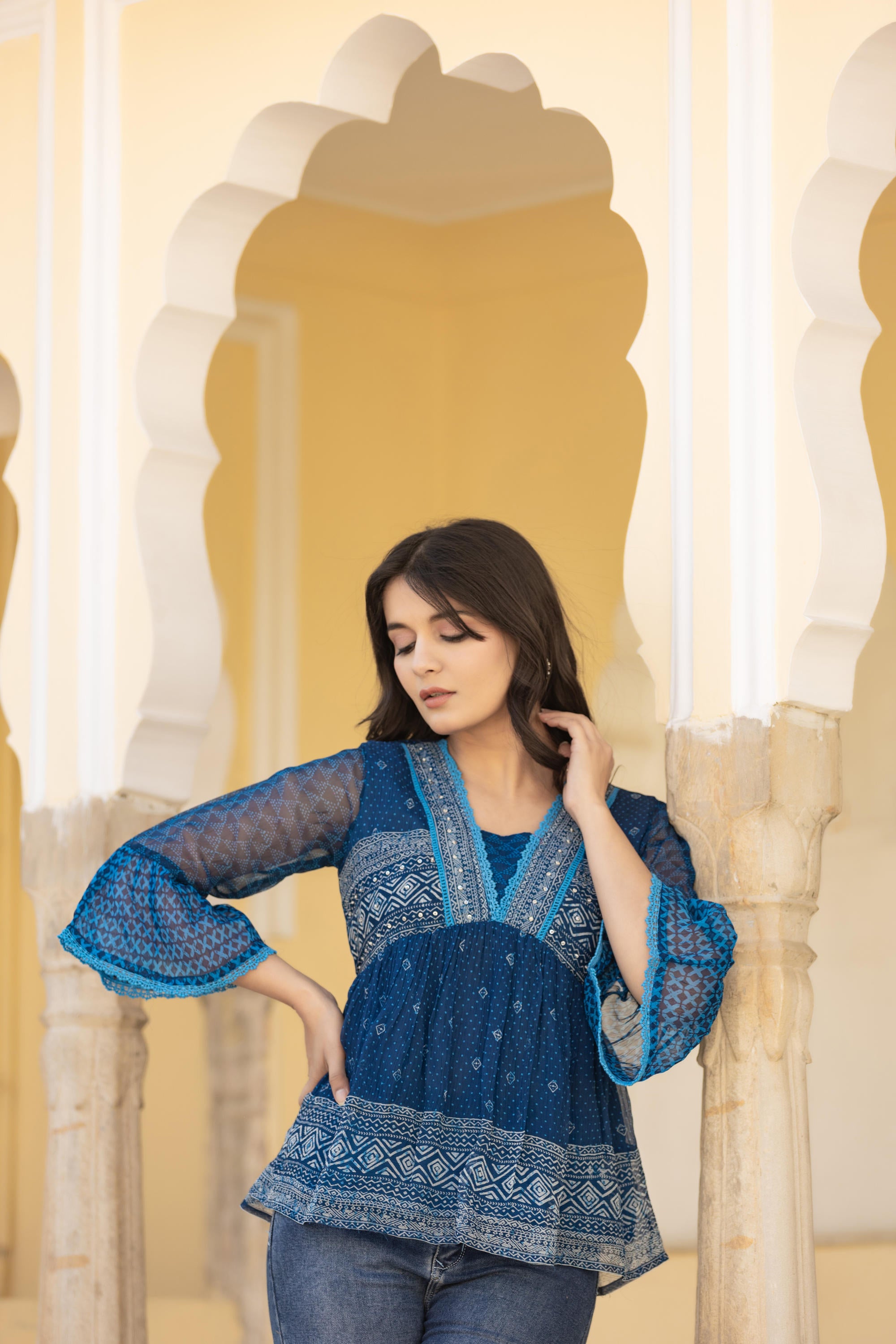 Indigo Blue Ethnic Motif Peplum Top with Sheer Sleeves