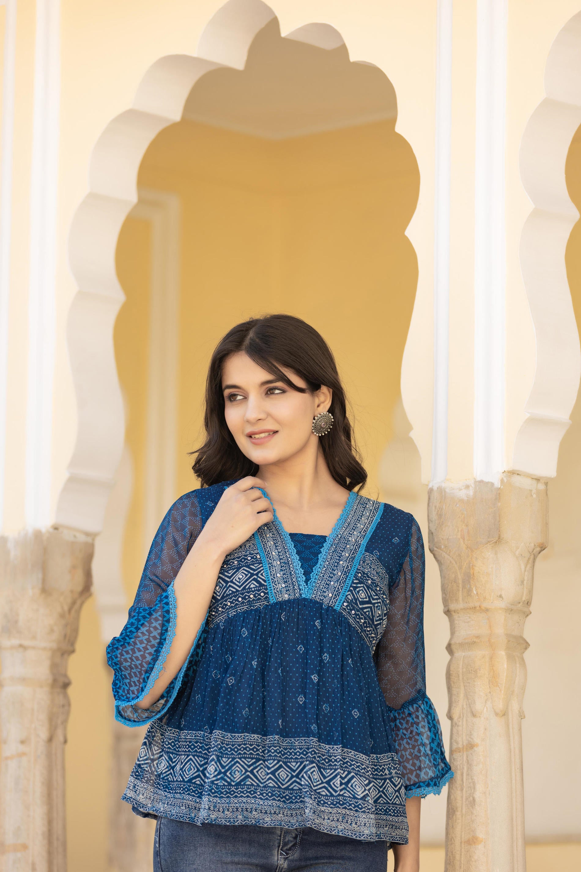 Indigo Blue Ethnic Motif Peplum Top with Sheer Sleeves