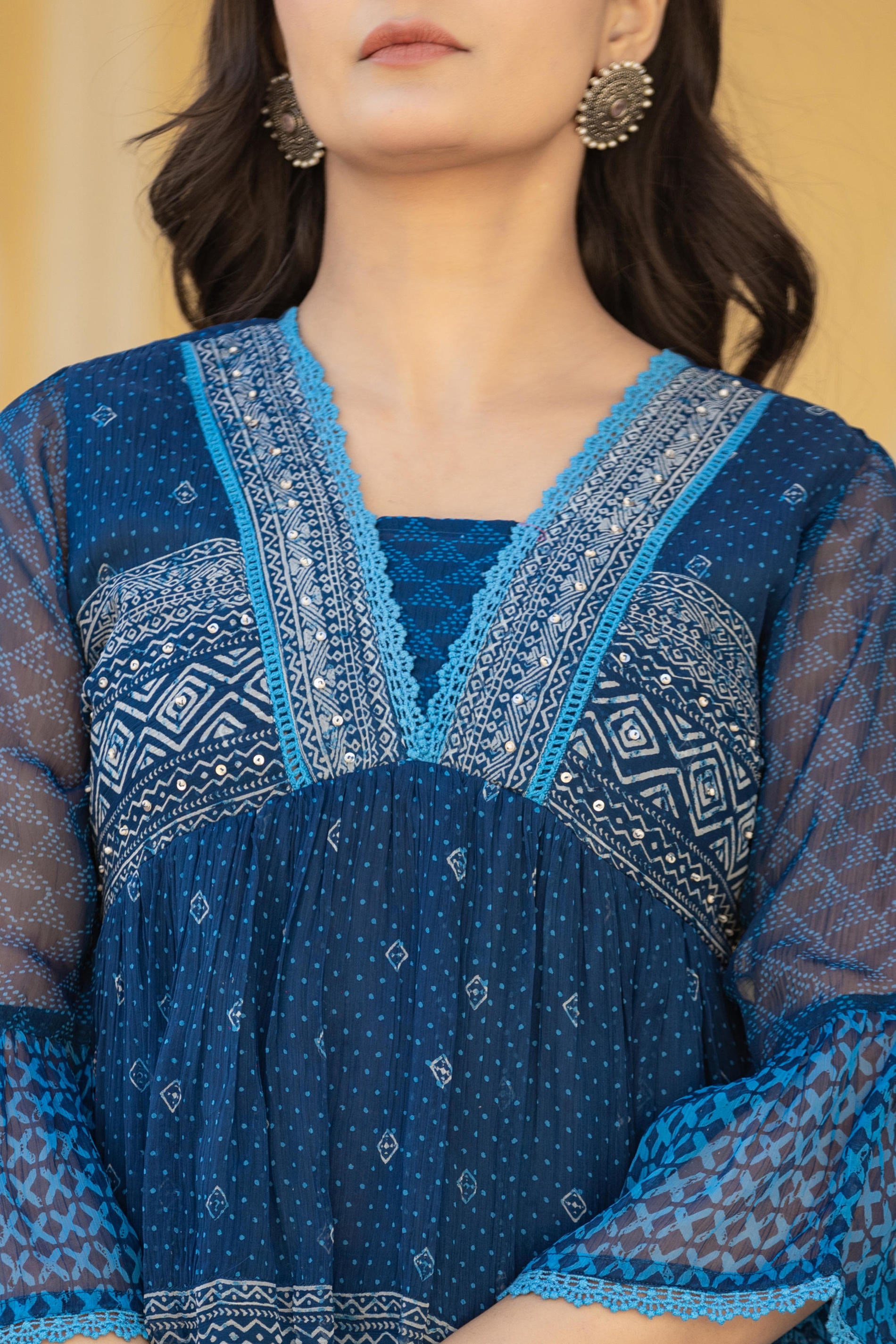 Indigo Blue Ethnic Motif Peplum Top with Sheer Sleeves