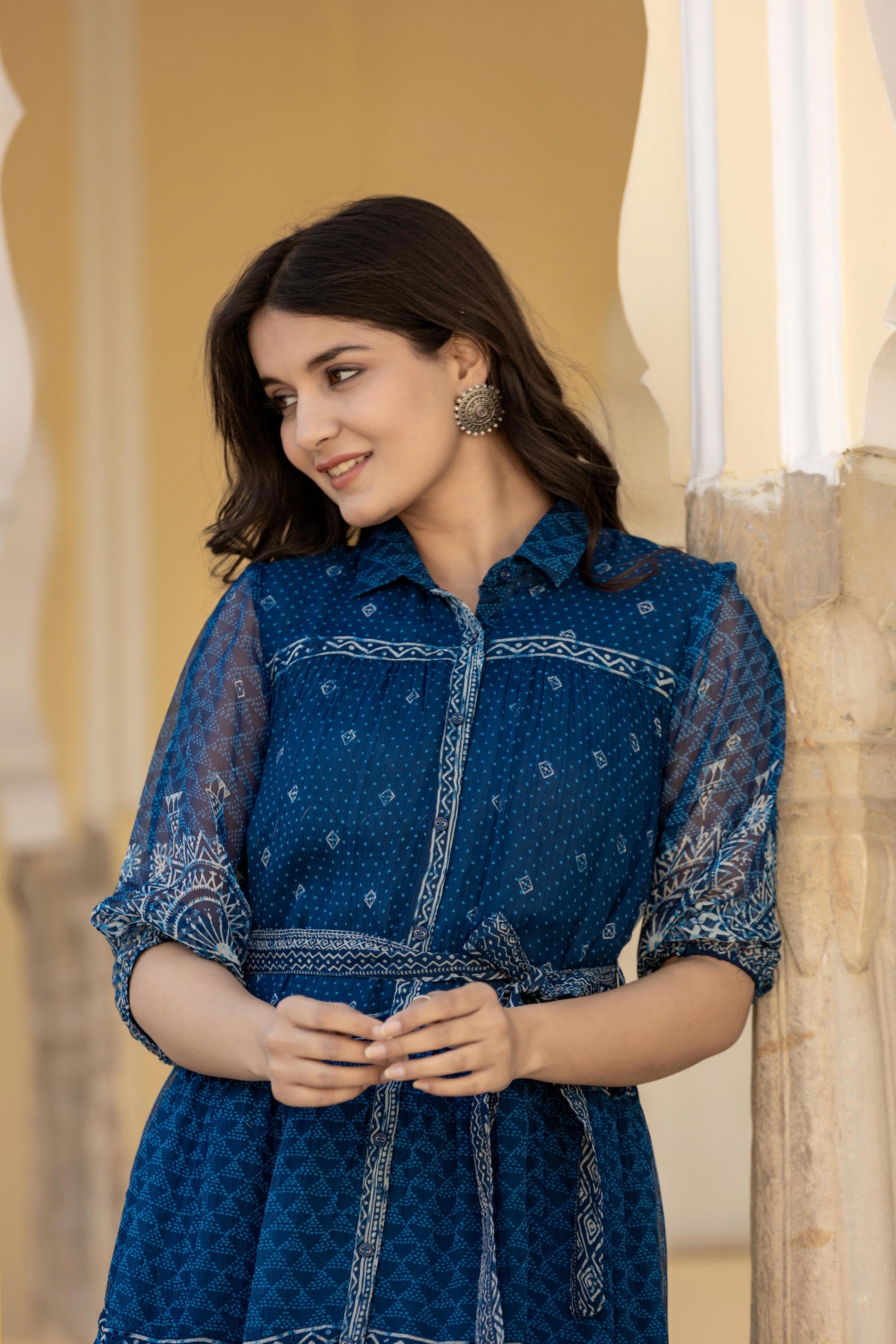 Indigo Blue Ethnic Shirt Dress with Belt and Sheer Sleeves