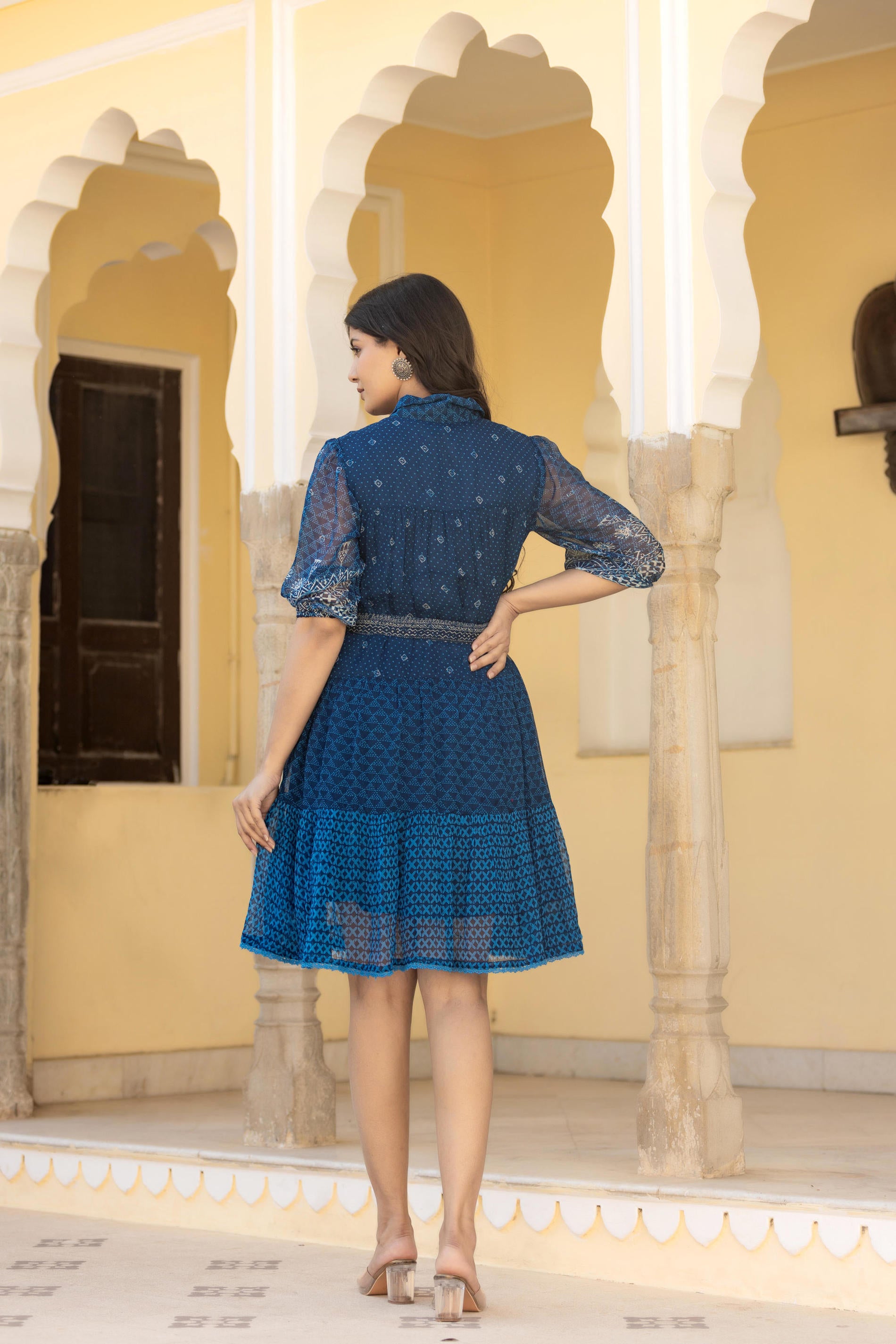 Indigo Blue Ethnic Shirt Dress with Belt and Sheer Sleeves