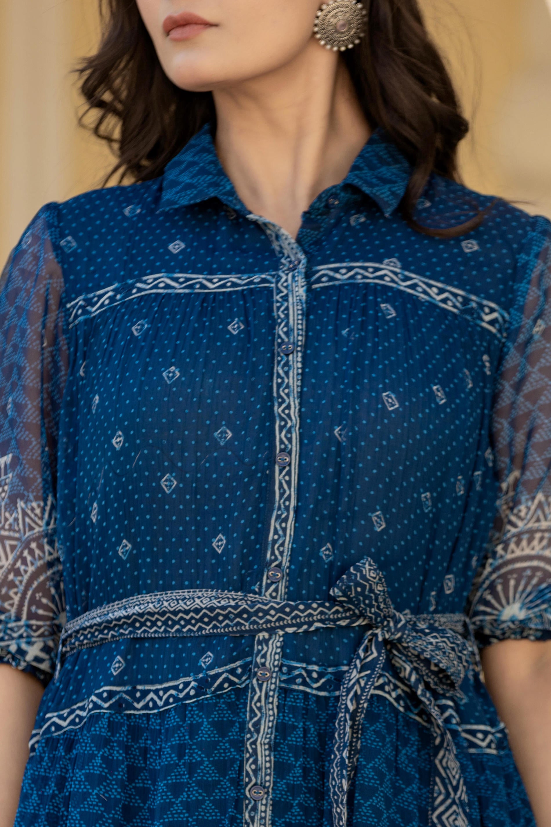 Indigo Blue Ethnic Shirt Dress with Belt and Sheer Sleeves