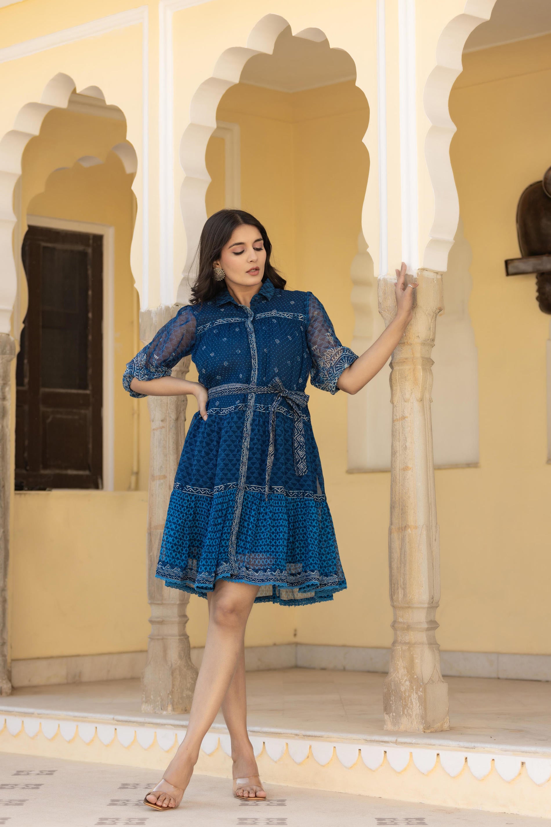 Indigo Blue Ethnic Shirt Dress with Belt and Sheer Sleeves