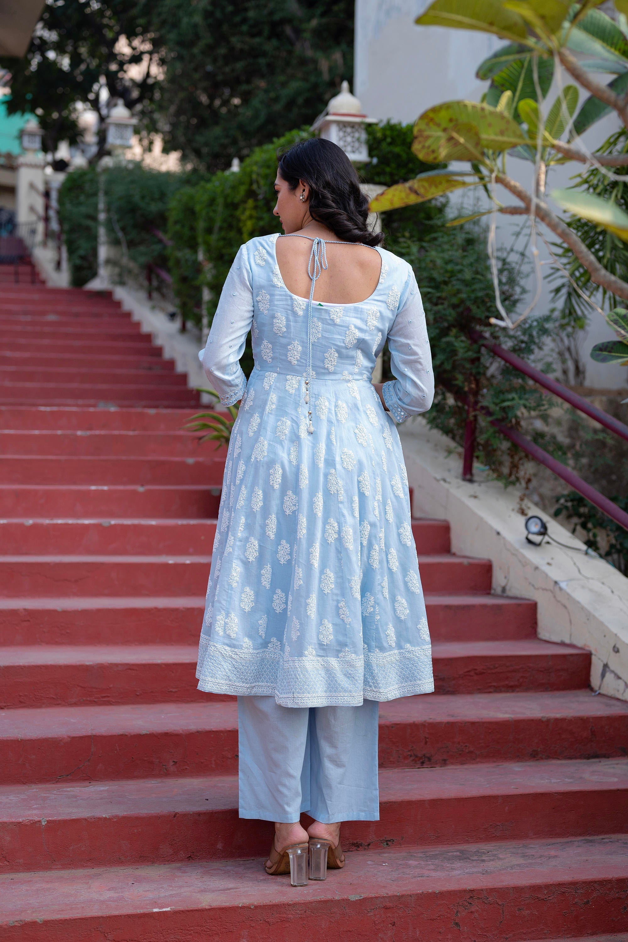 Sky Blue Cotton Mirror Embroidered Kurta with Palazzo & Organza Dupatta