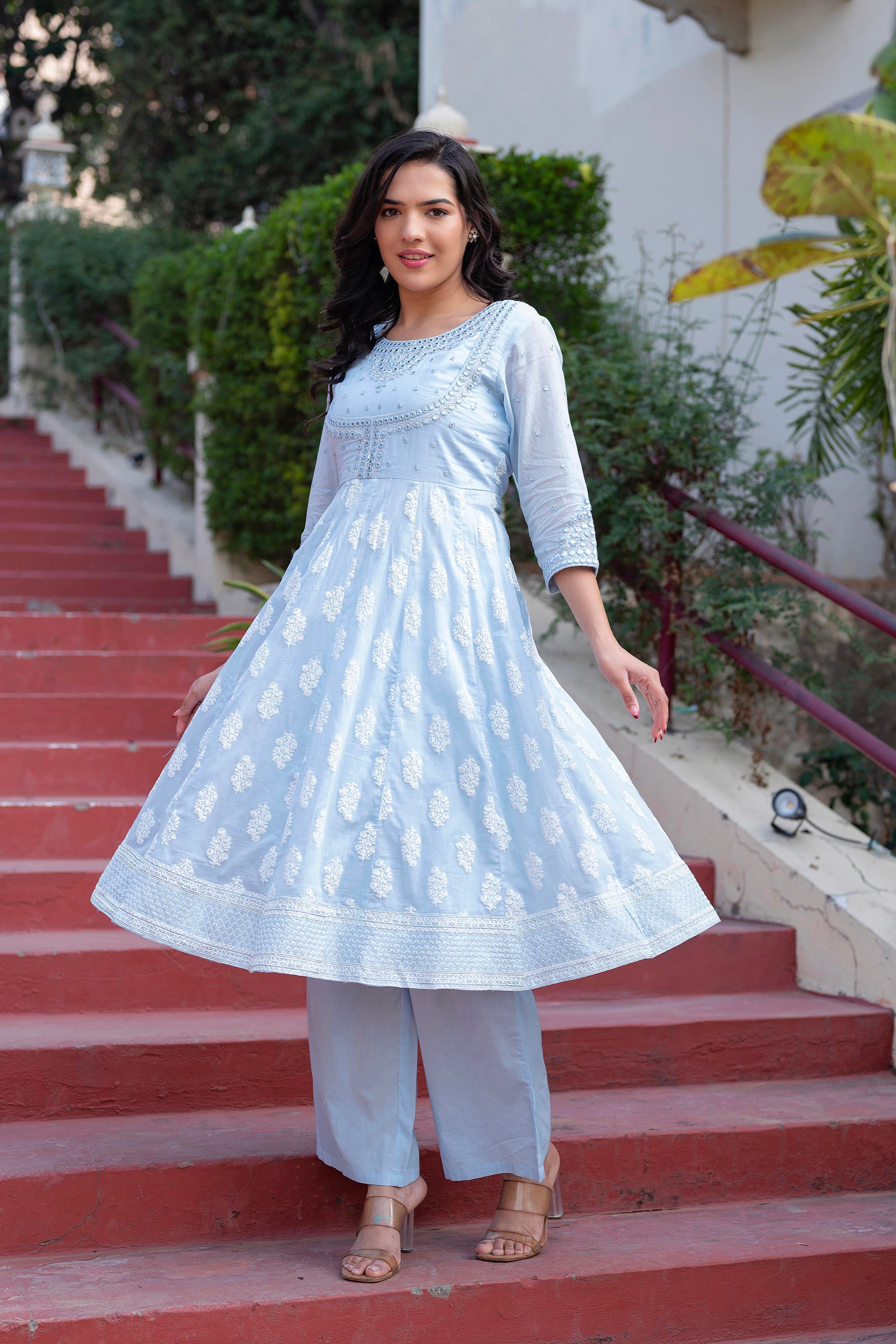 Sky Blue Cotton Mirror Embroidered Kurta with Palazzo & Organza Dupatta