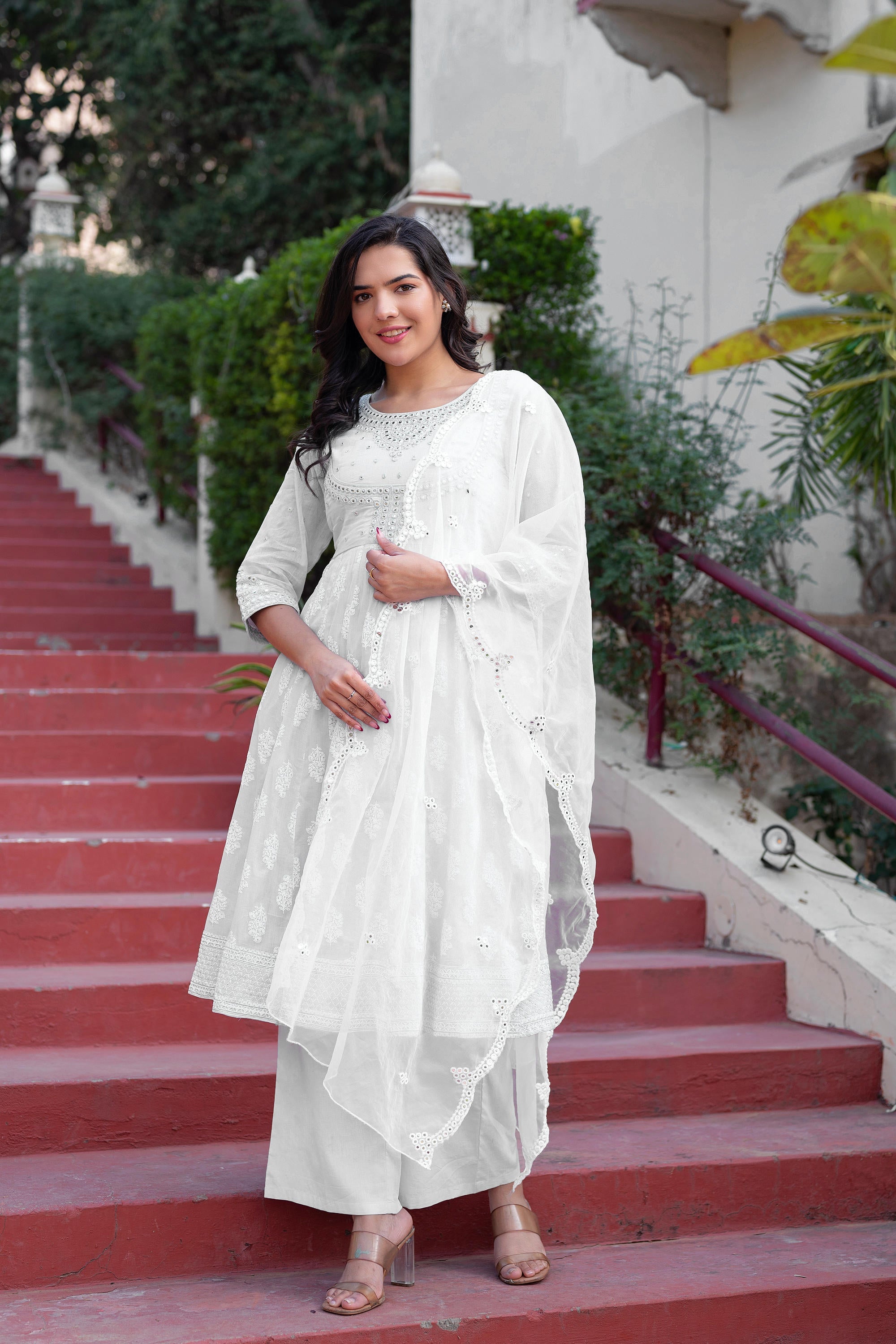 White Cotton Mirror Embroidered Kurta with Palazzo & Organza Dupatta