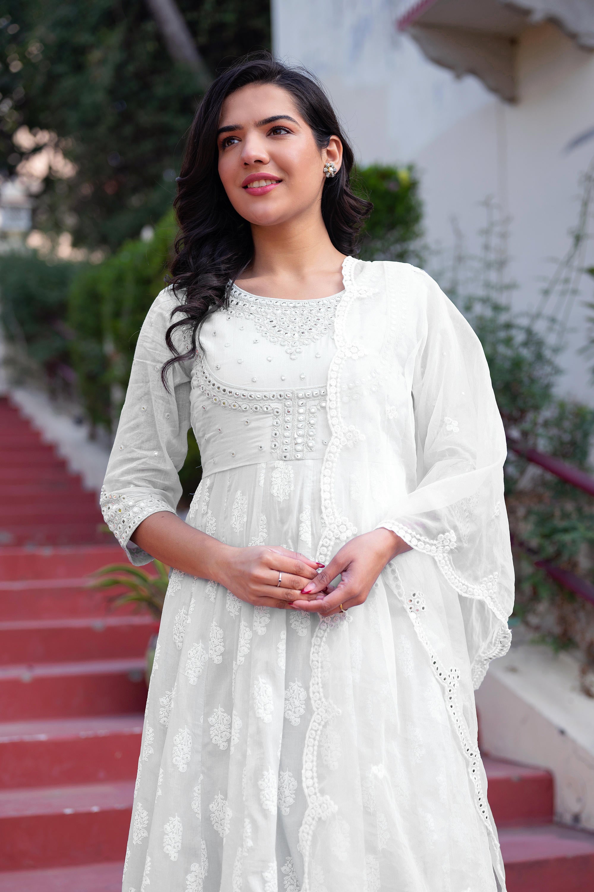 White Cotton Mirror Embroidered Kurta with Palazzo & Organza Dupatta