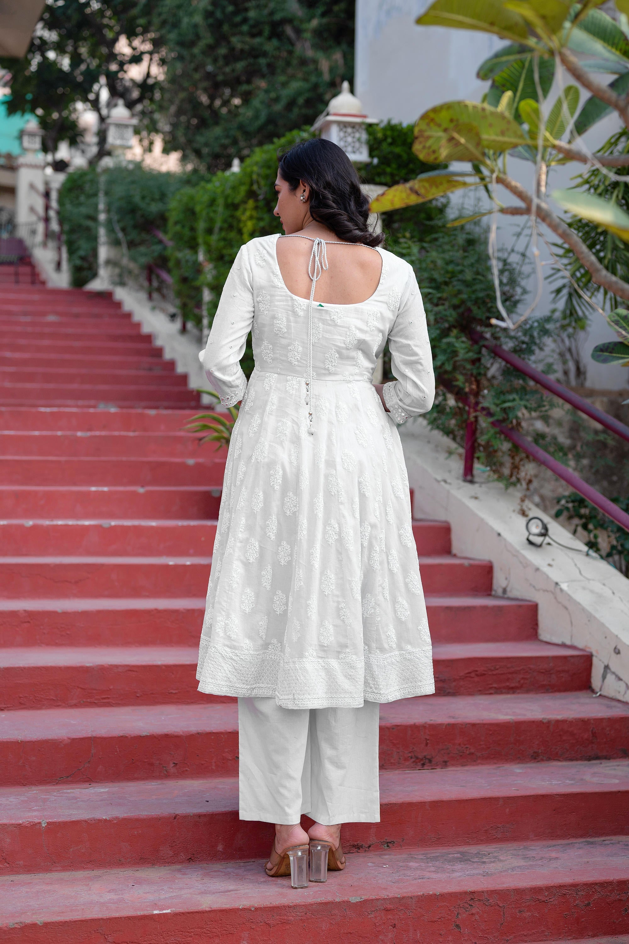 White Cotton Mirror Embroidered Kurta with Palazzo & Organza Dupatta