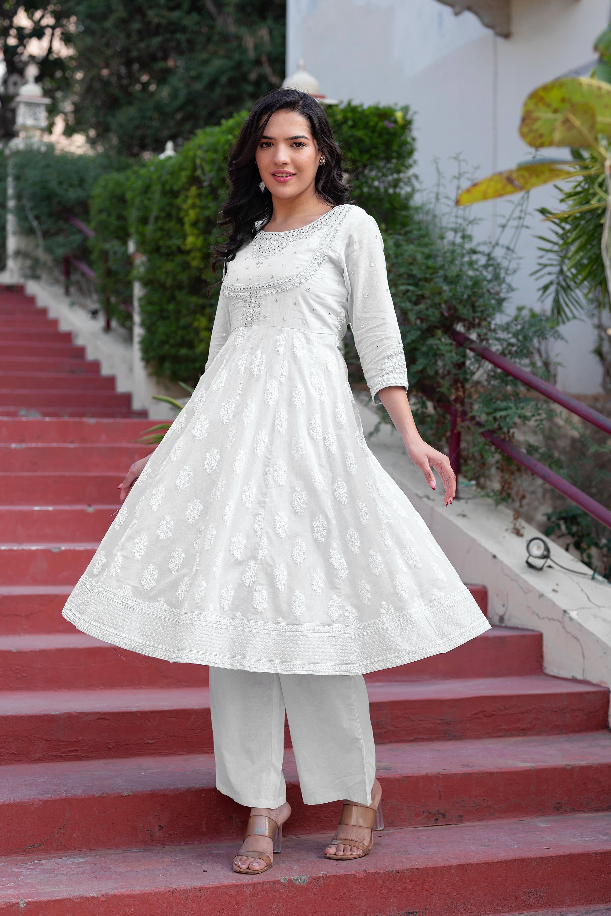 White Cotton Mirror Embroidered Kurta with Palazzo & Organza Dupatta