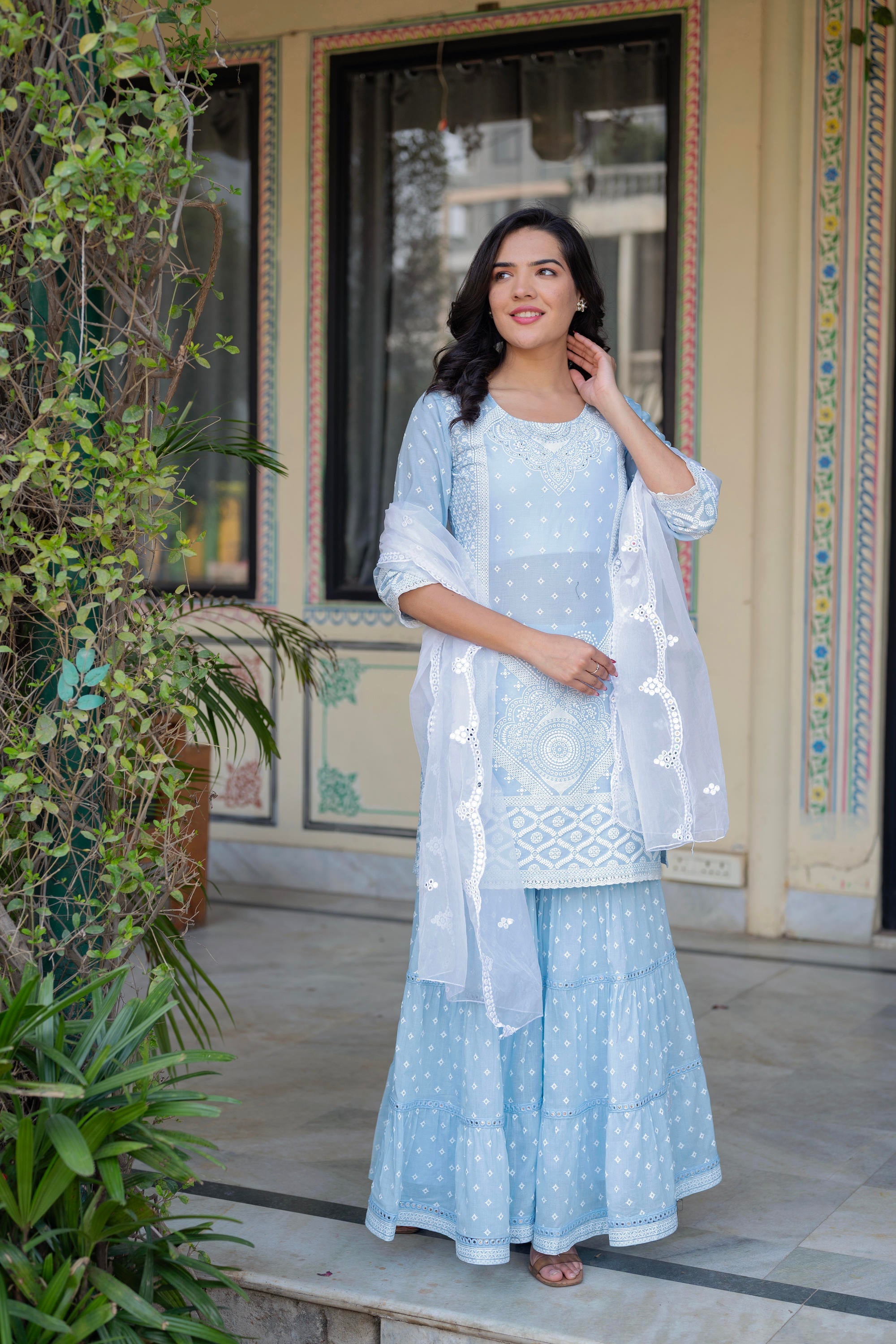 Sky Blue Cotton Mughal Printed Kurta with Gharara, Organza Dupatta, Mirror Work & Puff Print