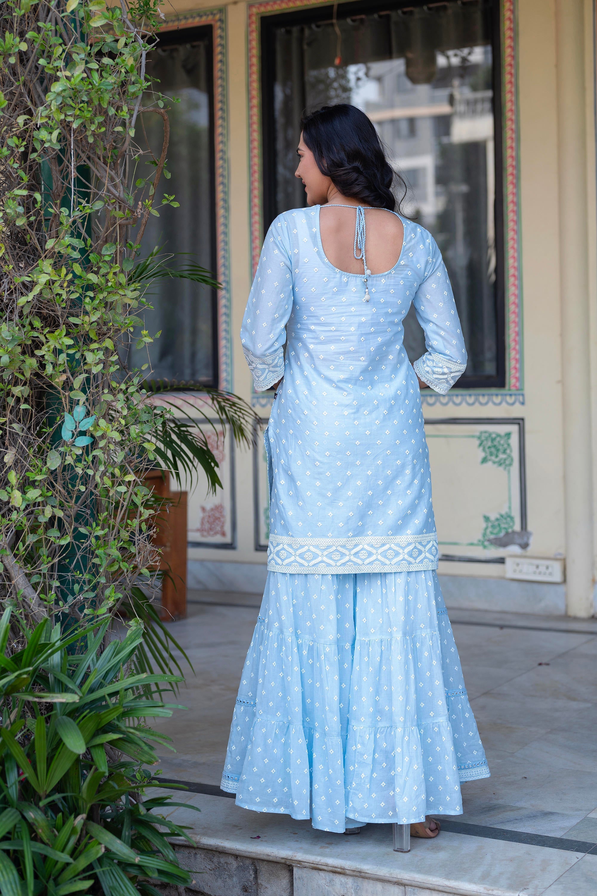 Sky Blue Cotton Mughal Printed Kurta with Gharara, Organza Dupatta, Mirror Work & Puff Print