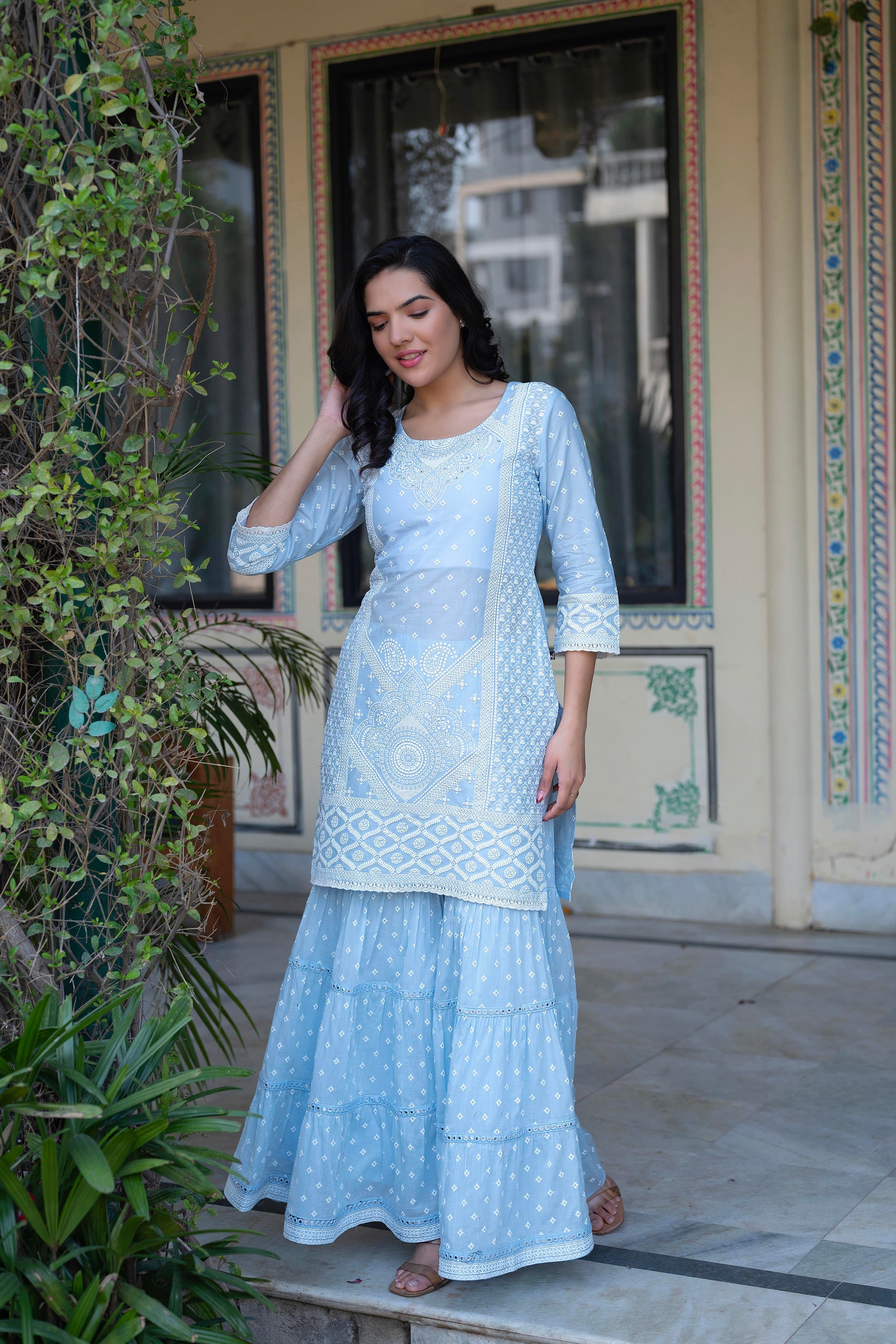 Sky Blue Cotton Mughal Printed Kurta with Gharara, Organza Dupatta, Mirror Work & Puff Print