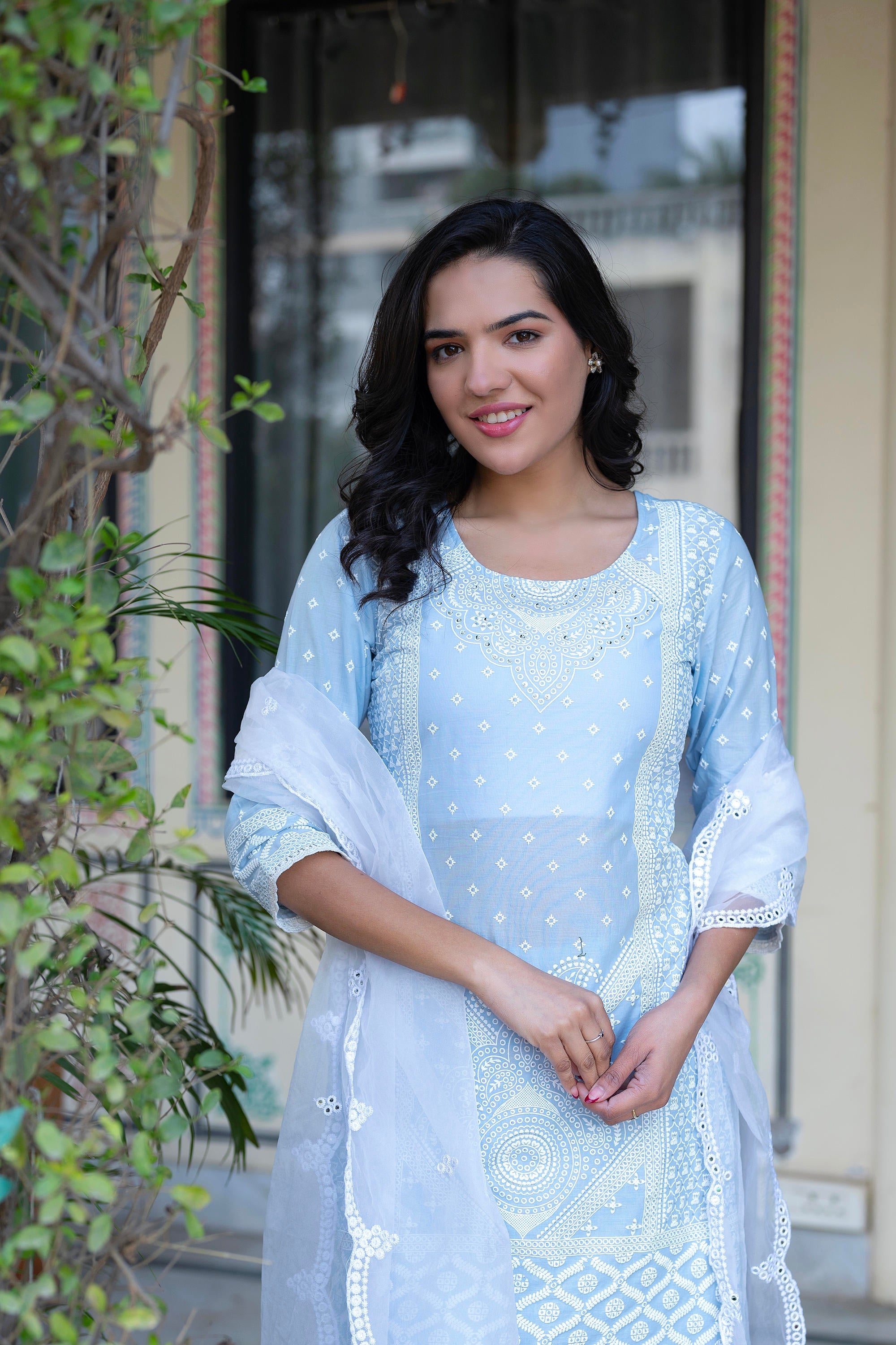 Sky Blue Cotton Mughal Printed Kurta with Gharara, Organza Dupatta, Mirror Work & Puff Print