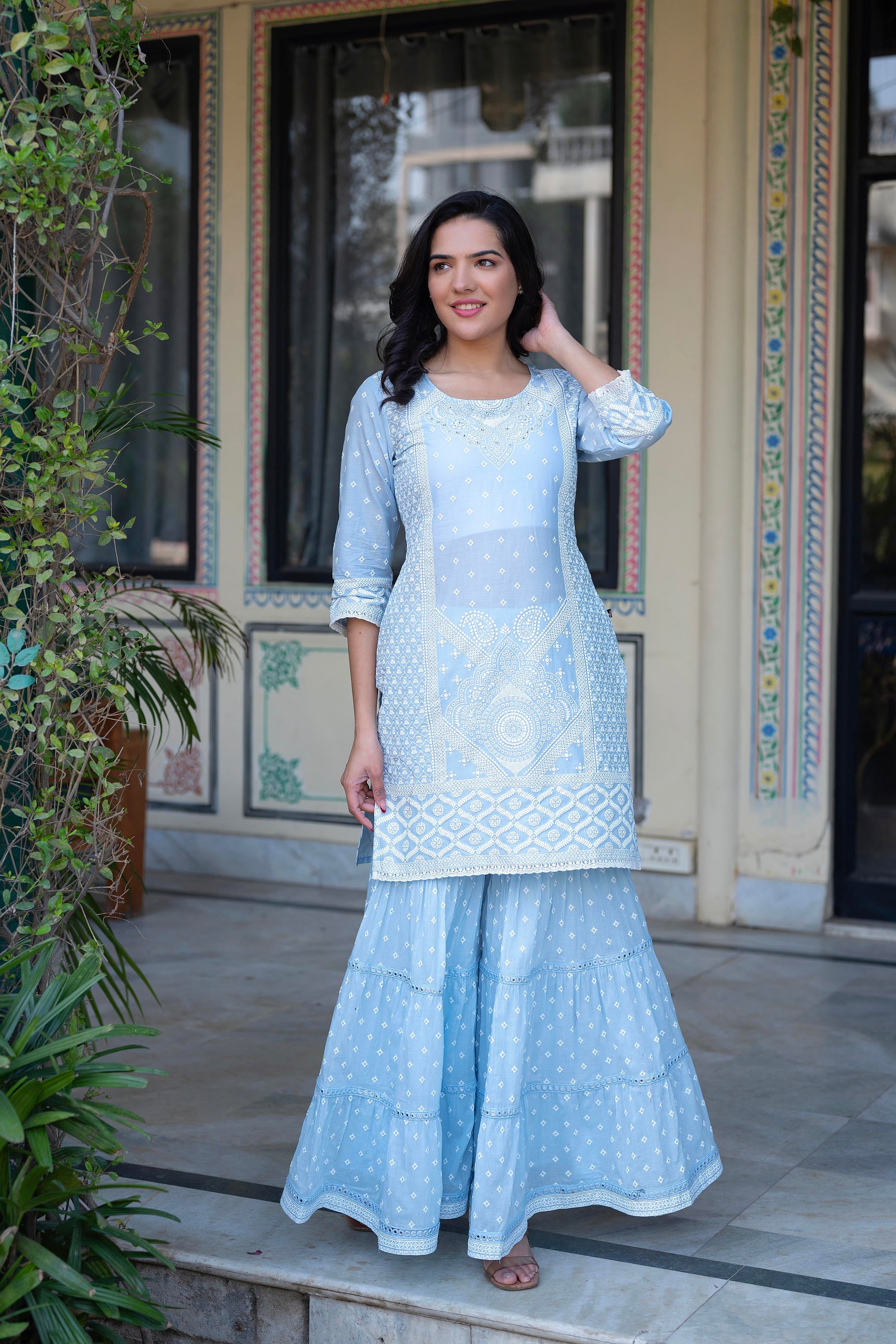 Sky Blue Cotton Mughal Printed Kurta with Gharara, Organza Dupatta, Mirror Work & Puff Print
