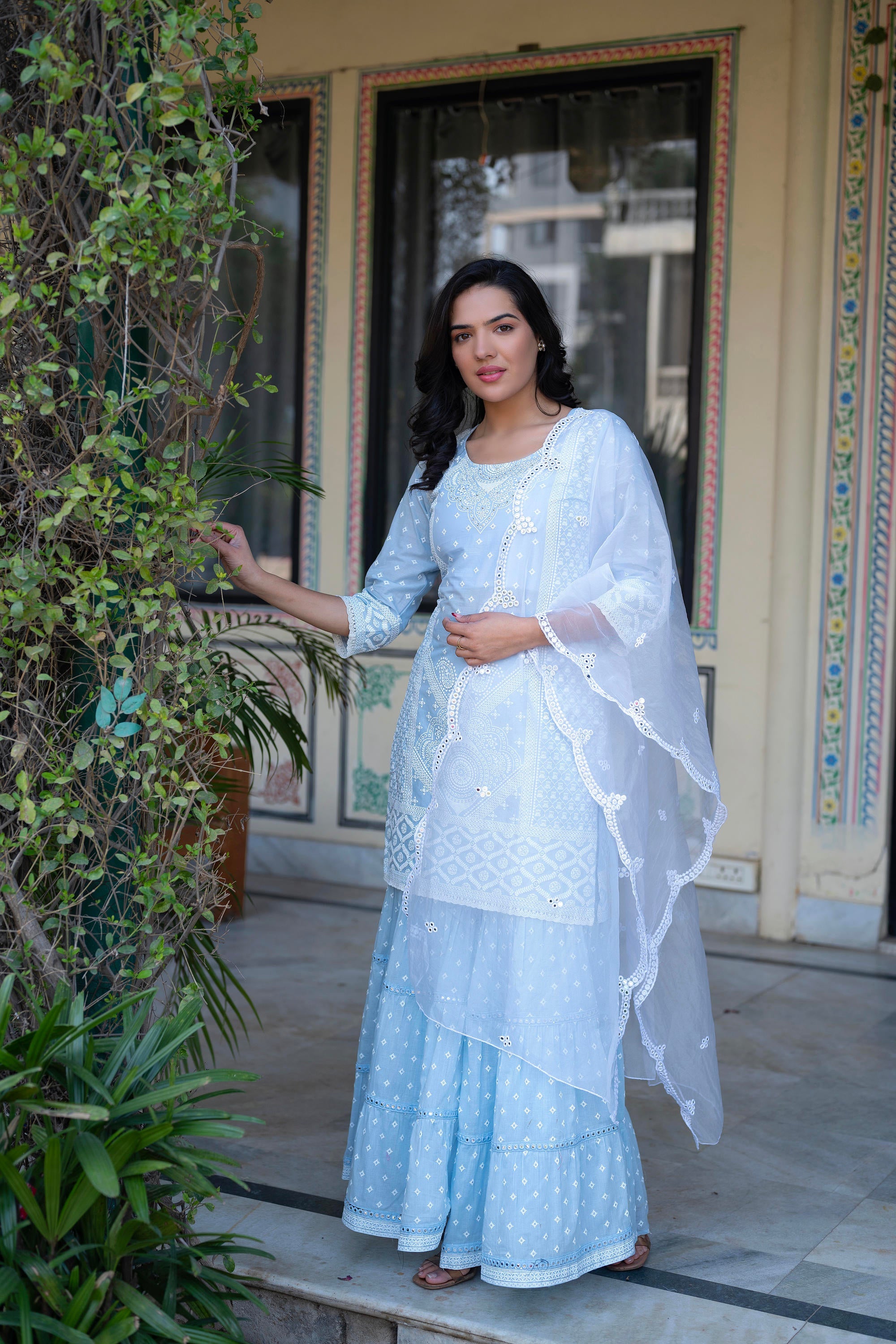 Sky Blue Cotton Mughal Printed Kurta with Gharara, Organza Dupatta, Mirror Work & Puff Print