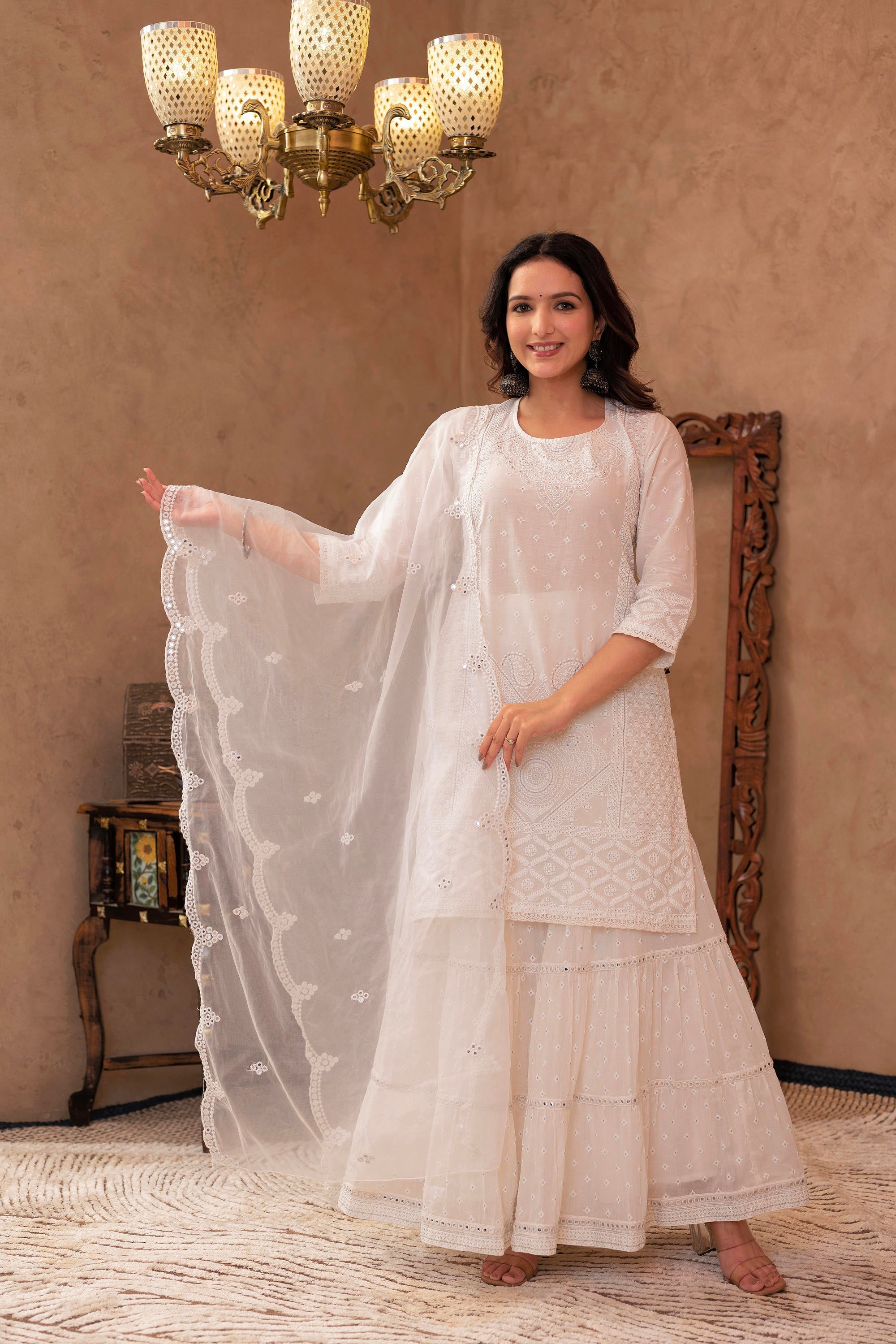 White Cotton Mughal Printed Kurta with Gharara, Organza Dupatta, Mirror Work & Puff Print