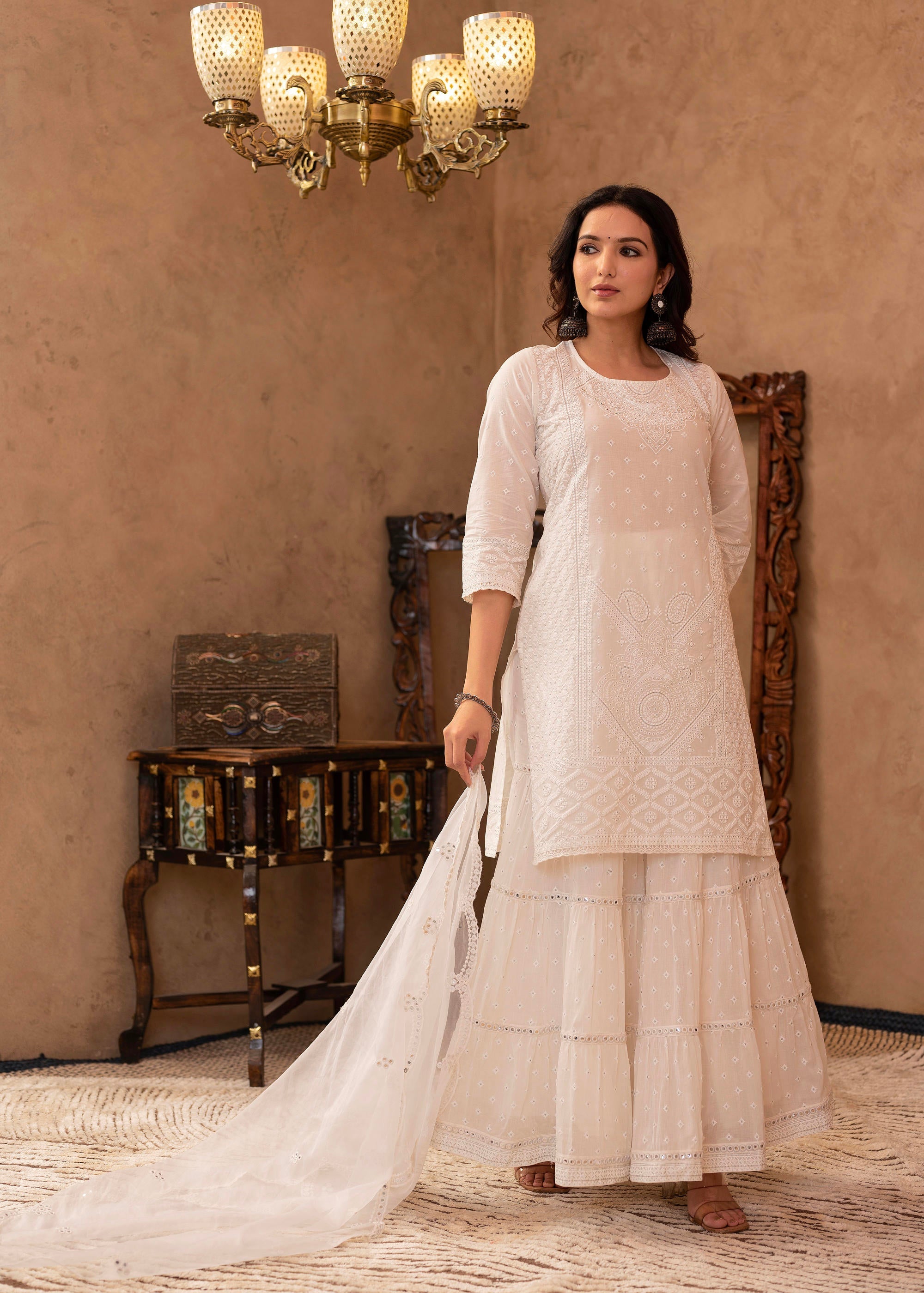 White Cotton Mughal Printed Kurta with Gharara, Organza Dupatta, Mirror Work & Puff Print
