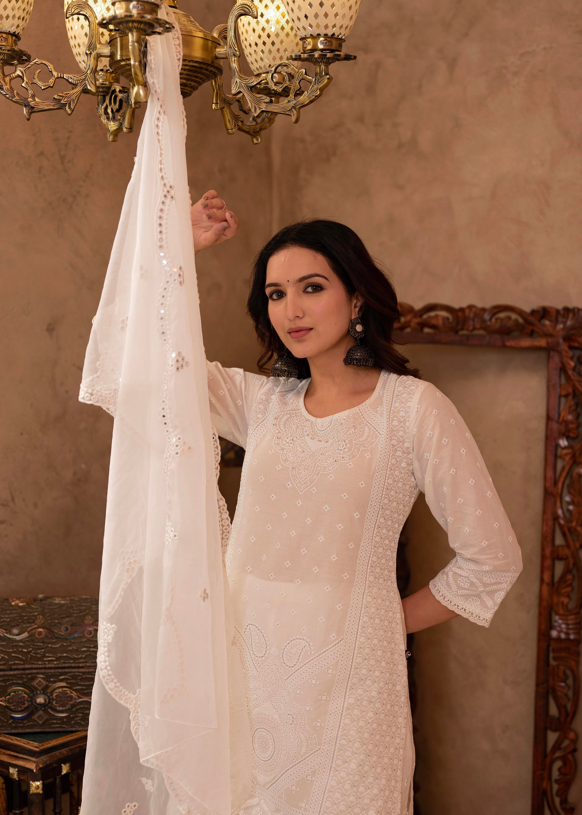 White Cotton Mughal Printed Kurta with Gharara, Organza Dupatta, Mirror Work & Puff Print