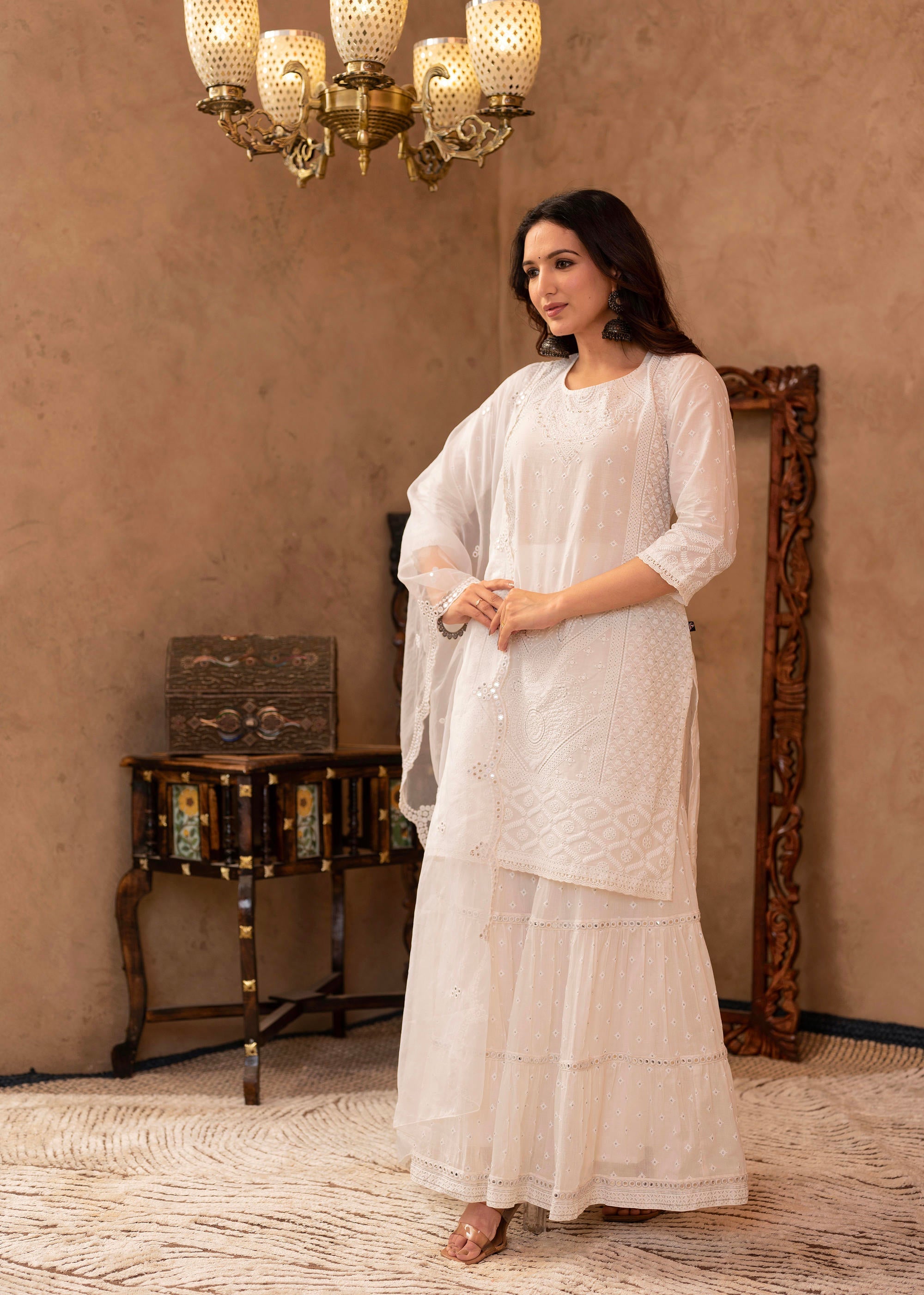 White Cotton Mughal Printed Kurta with Gharara, Organza Dupatta, Mirror Work & Puff Print