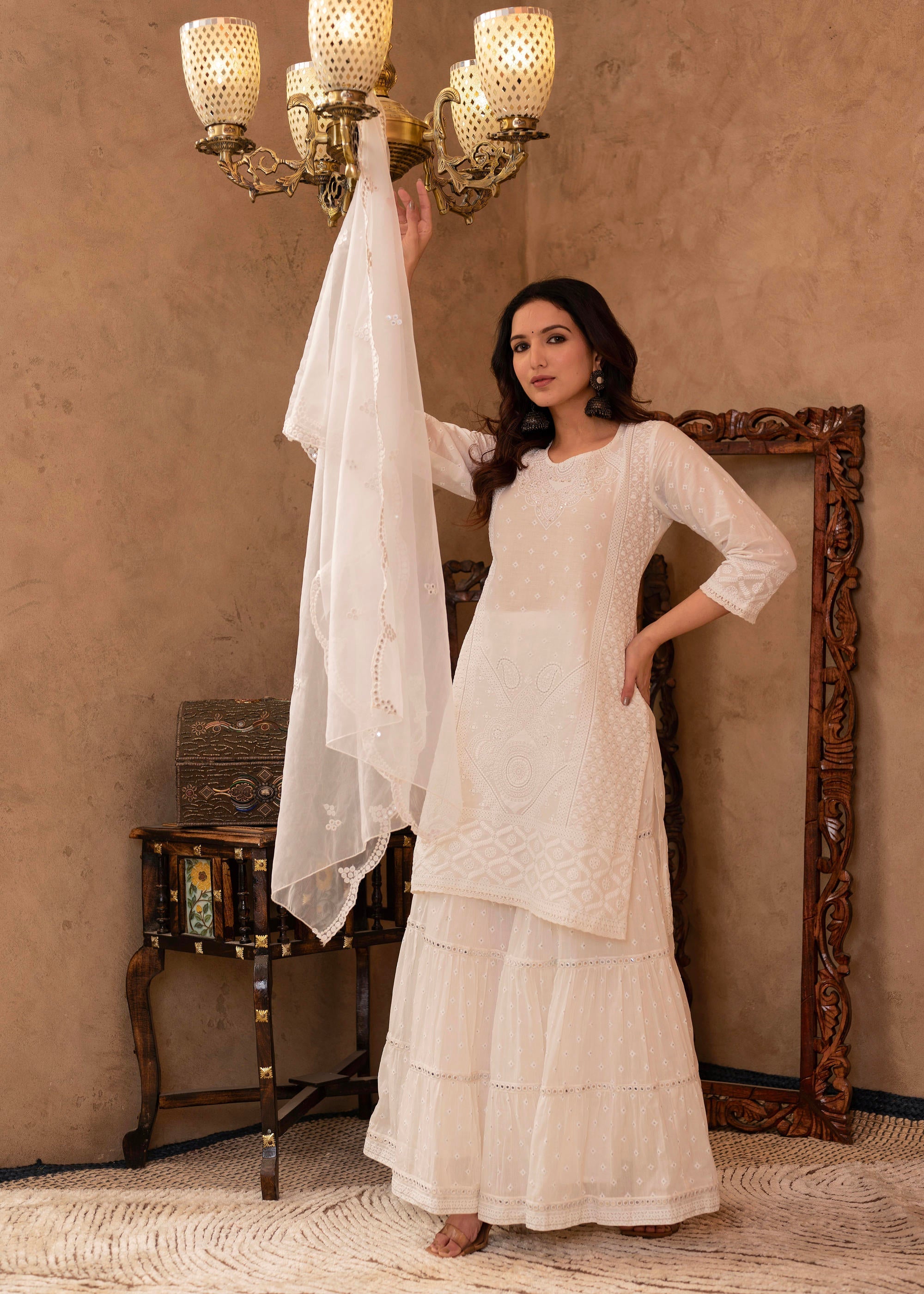 White Cotton Mughal Printed Kurta with Gharara, Organza Dupatta, Mirror Work & Puff Print