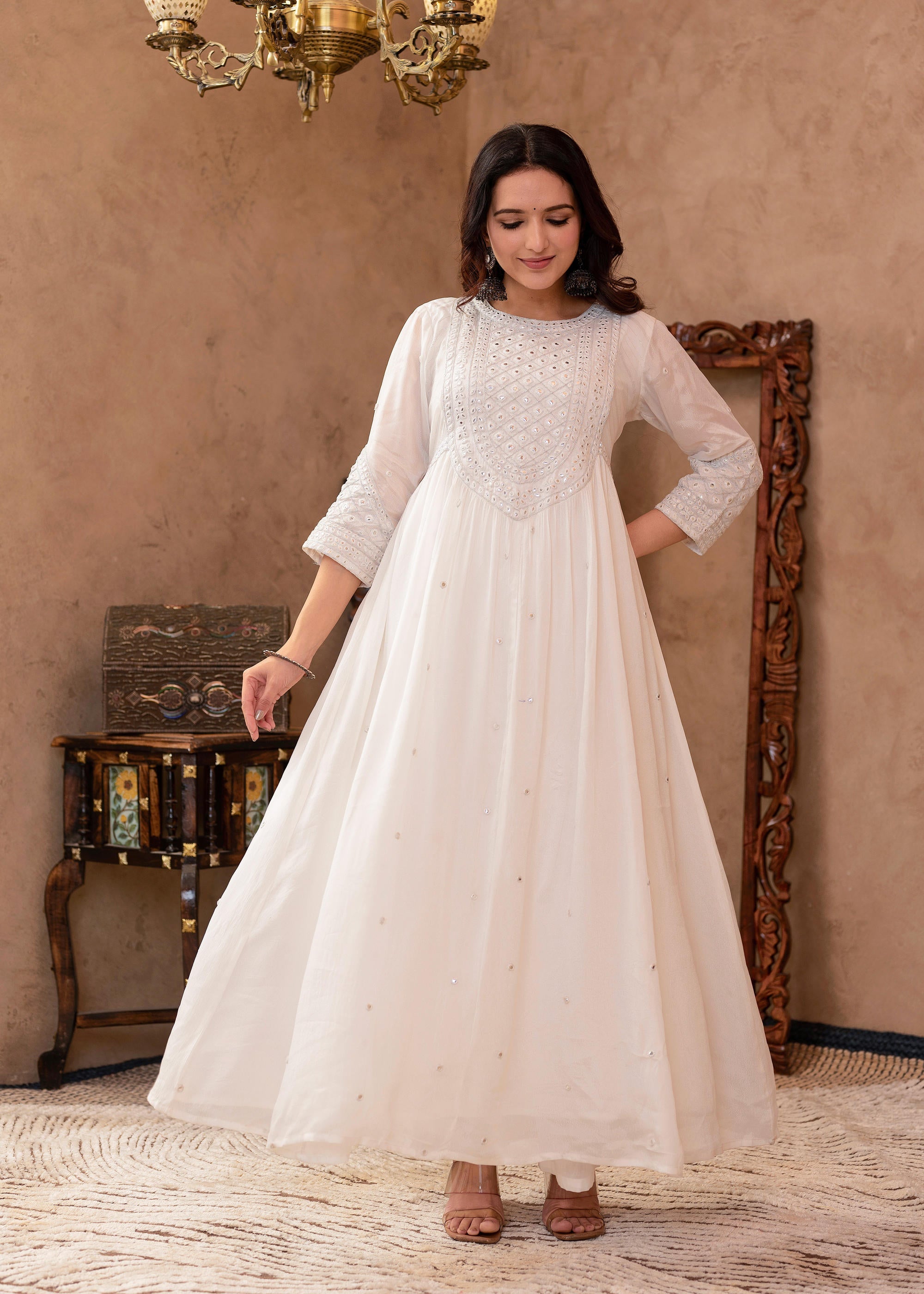 White Viscose Flared Mirror Embroidered Kurta with Cotton Lining & Button Details