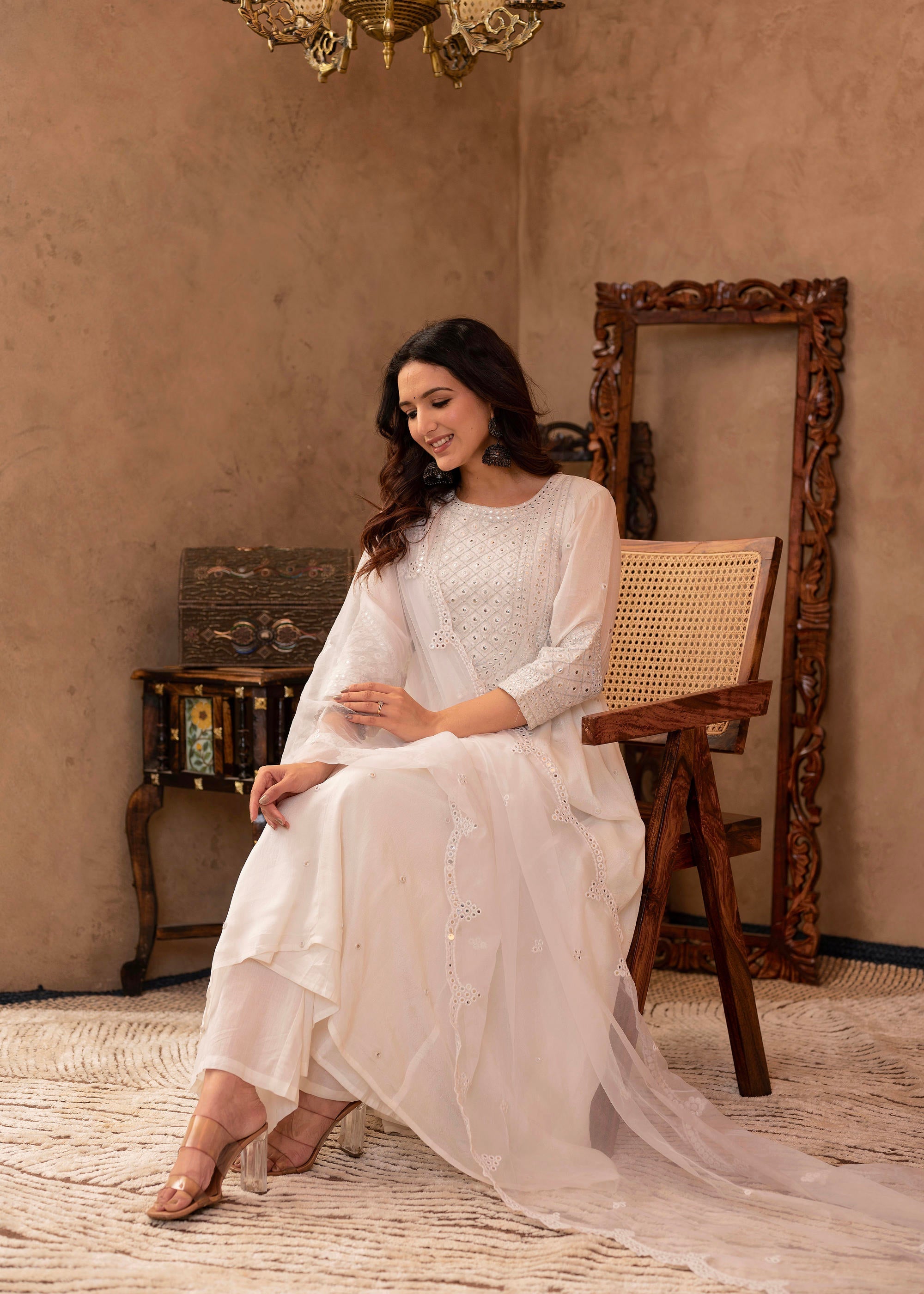 White Viscose Flared Mirror Embroidered Kurta with Cotton Lining & Button Details