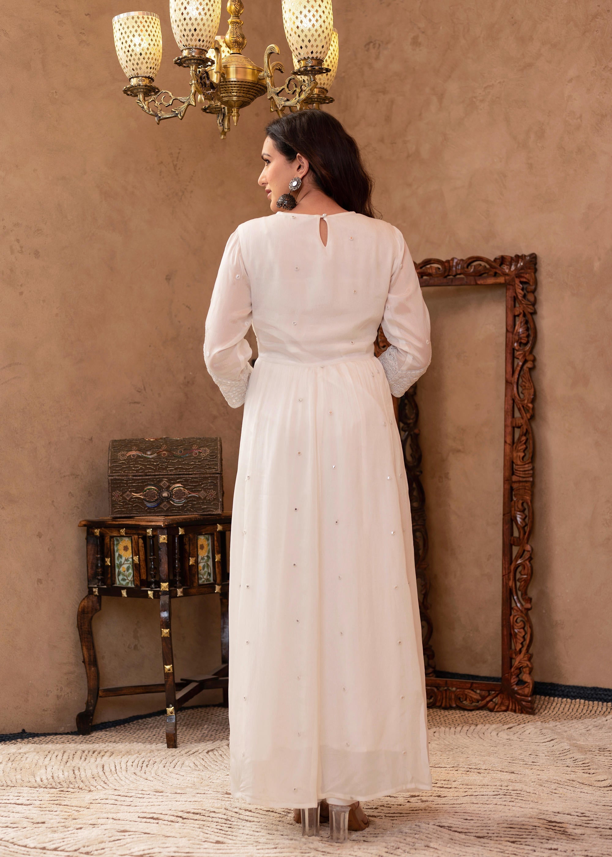 White Viscose Flared Mirror Embroidered Kurta with Cotton Lining & Button Details